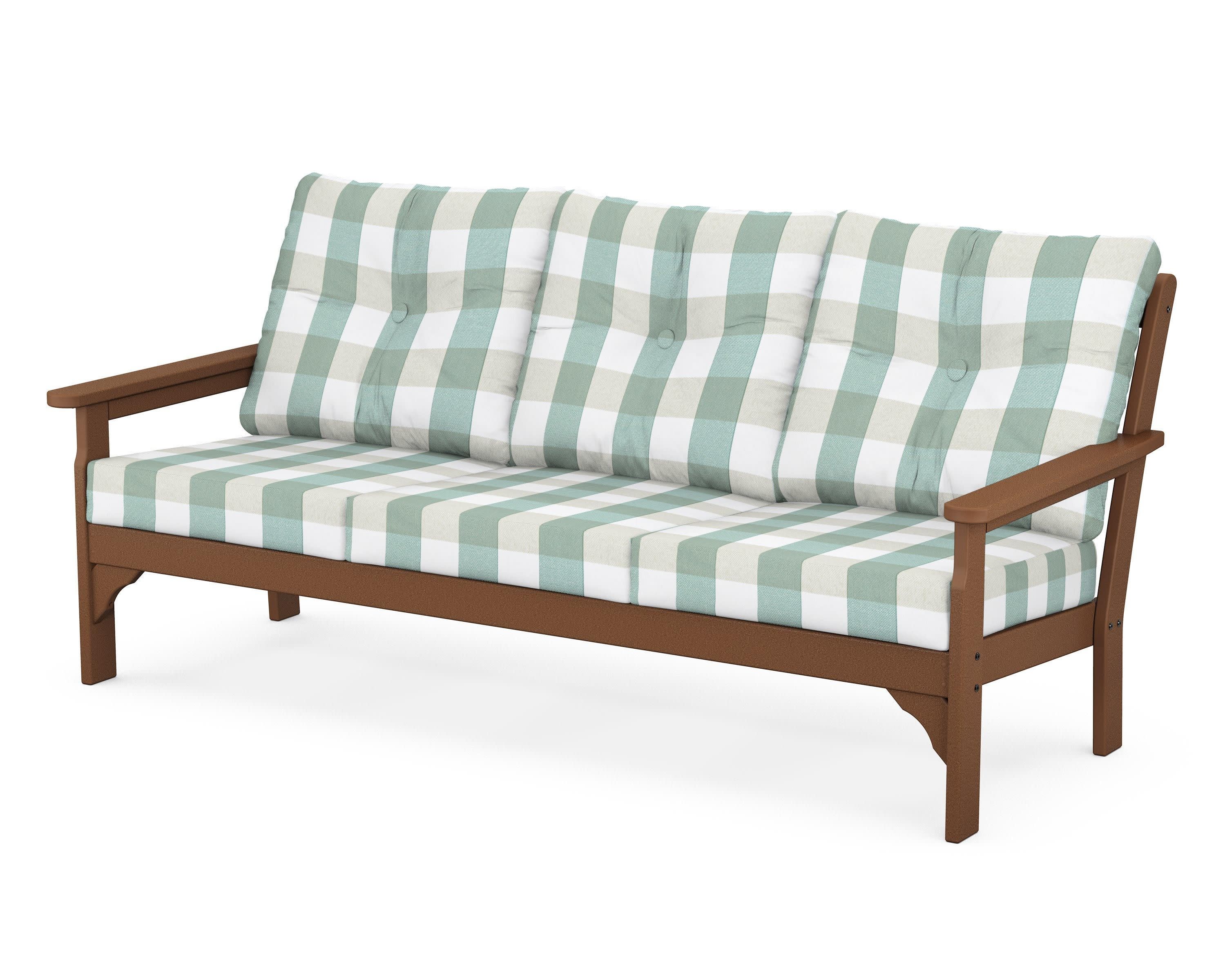 Vineyard Deep Seating Sofa in Teak / Buffalo Plaid Glacier Spa