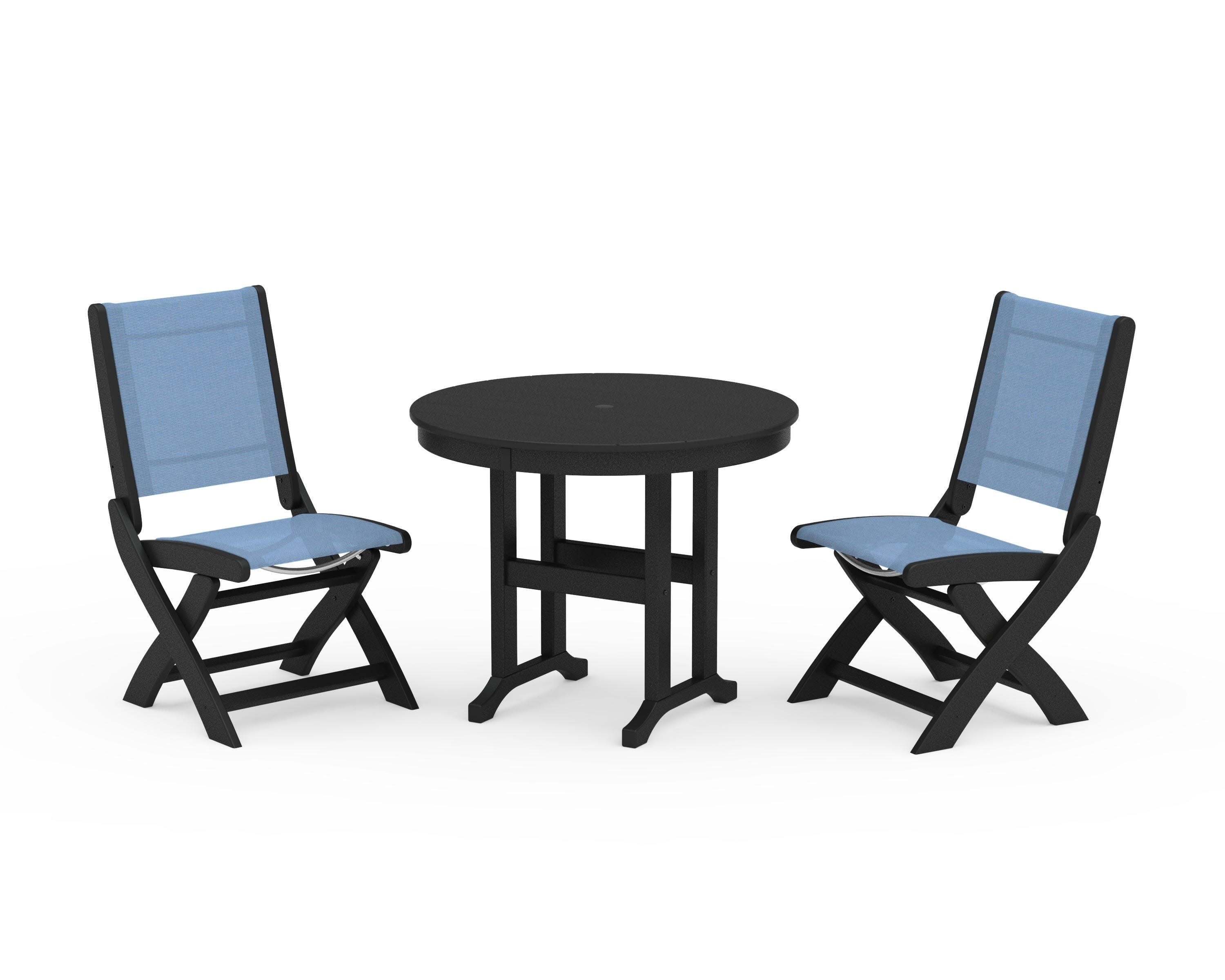Coastal Folding Side Chair 3-Piece Round Dining Set in Black / Poolside Sling