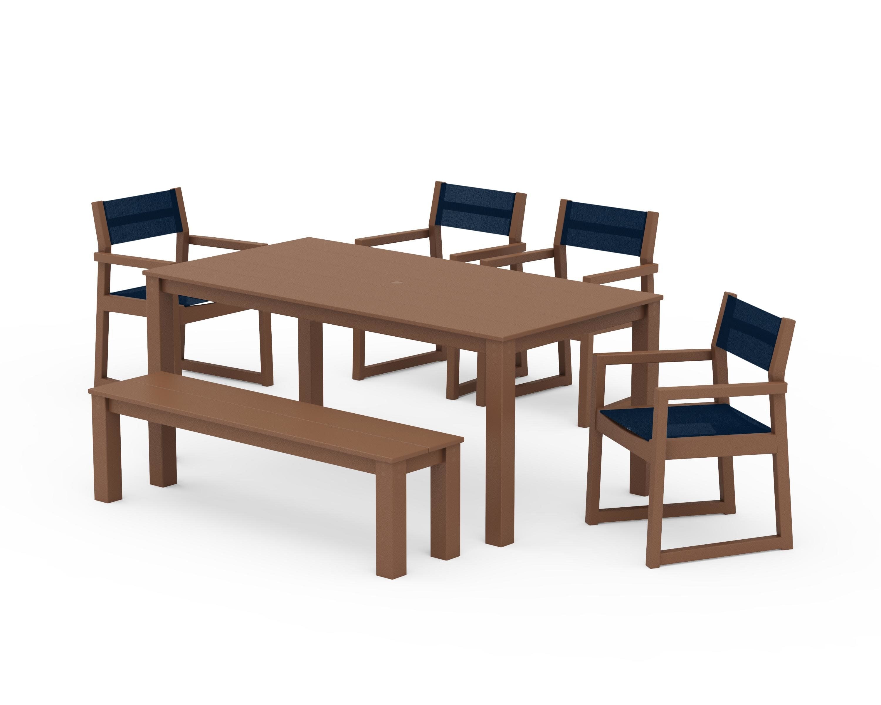 EDGE Sling Arm Chair 6-Piece Parsons Dining Set with Bench in Teak / Navy Blue Sling