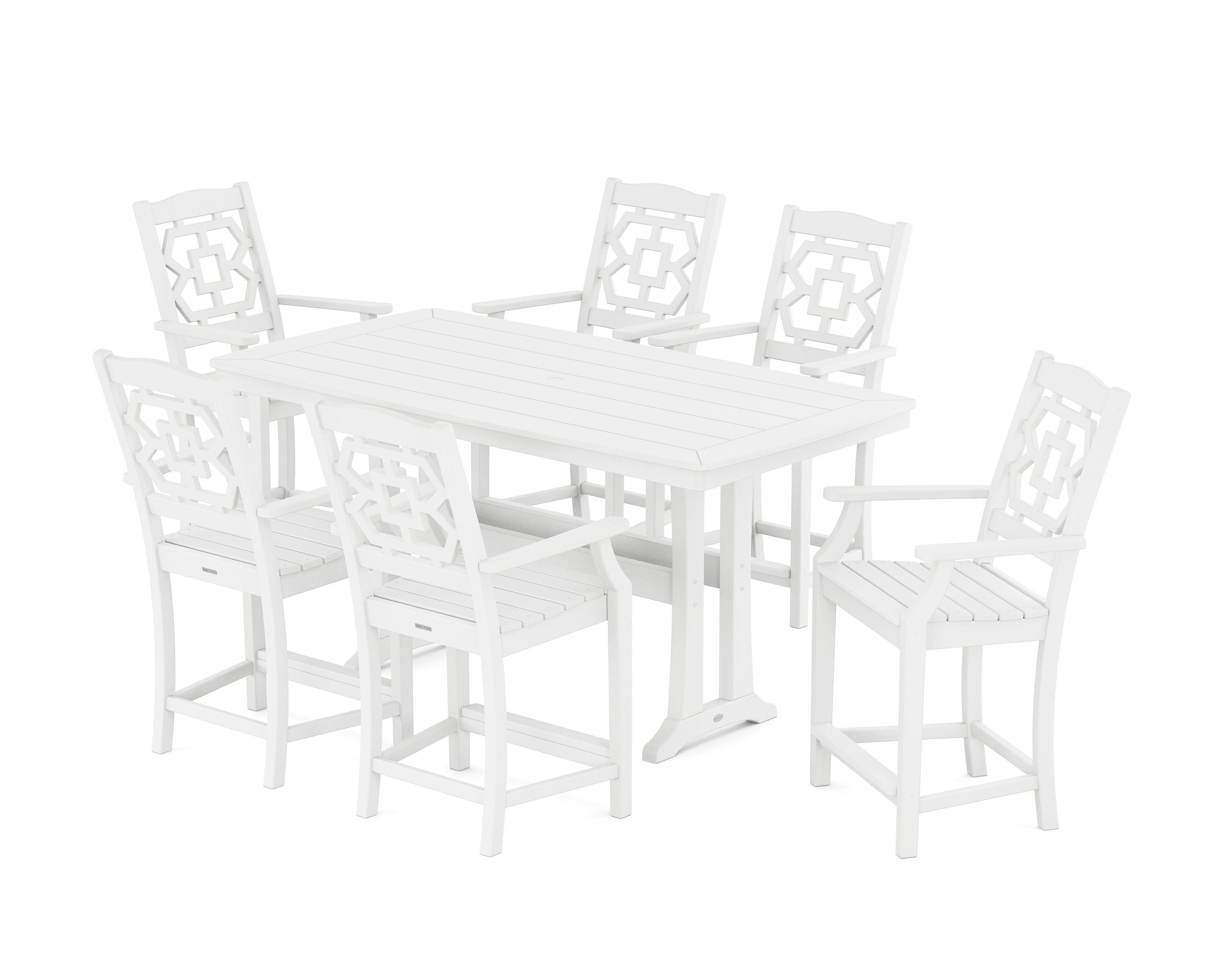 Chinoiserie Arm Chair 7-Piece Counter Set with Trestle Legs in White