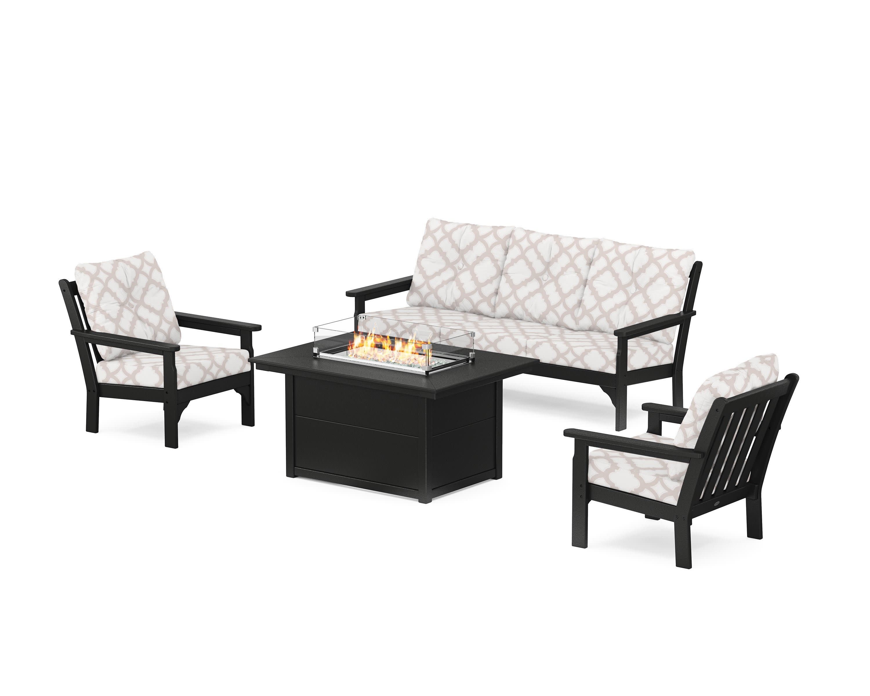 Vineyard Deep Seating Fire Pit Table Set in Black / Trellis Dune Burlap