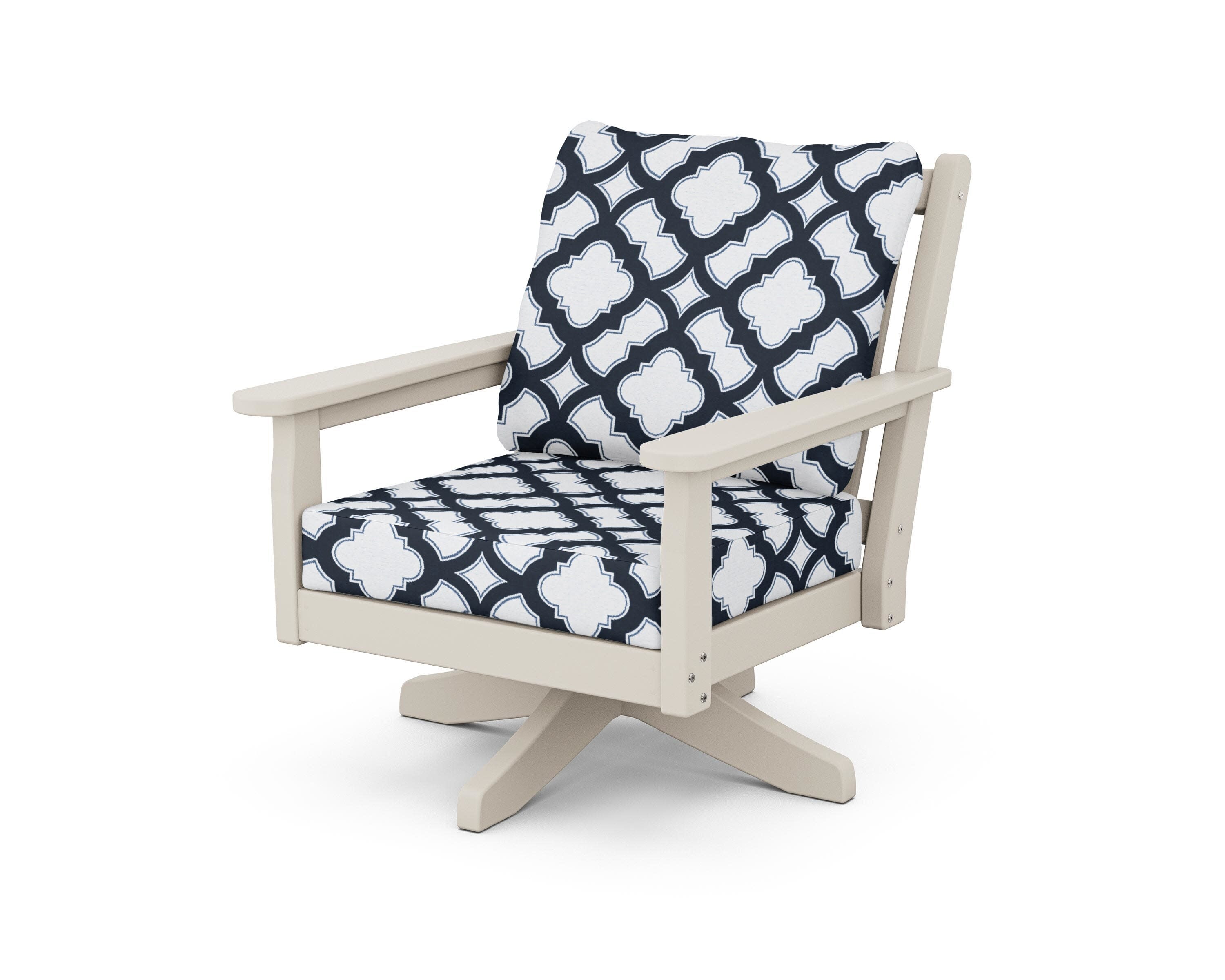 Chippendale Deep Seating Swivel Chair in Sand / Trellis Marine Indigo
