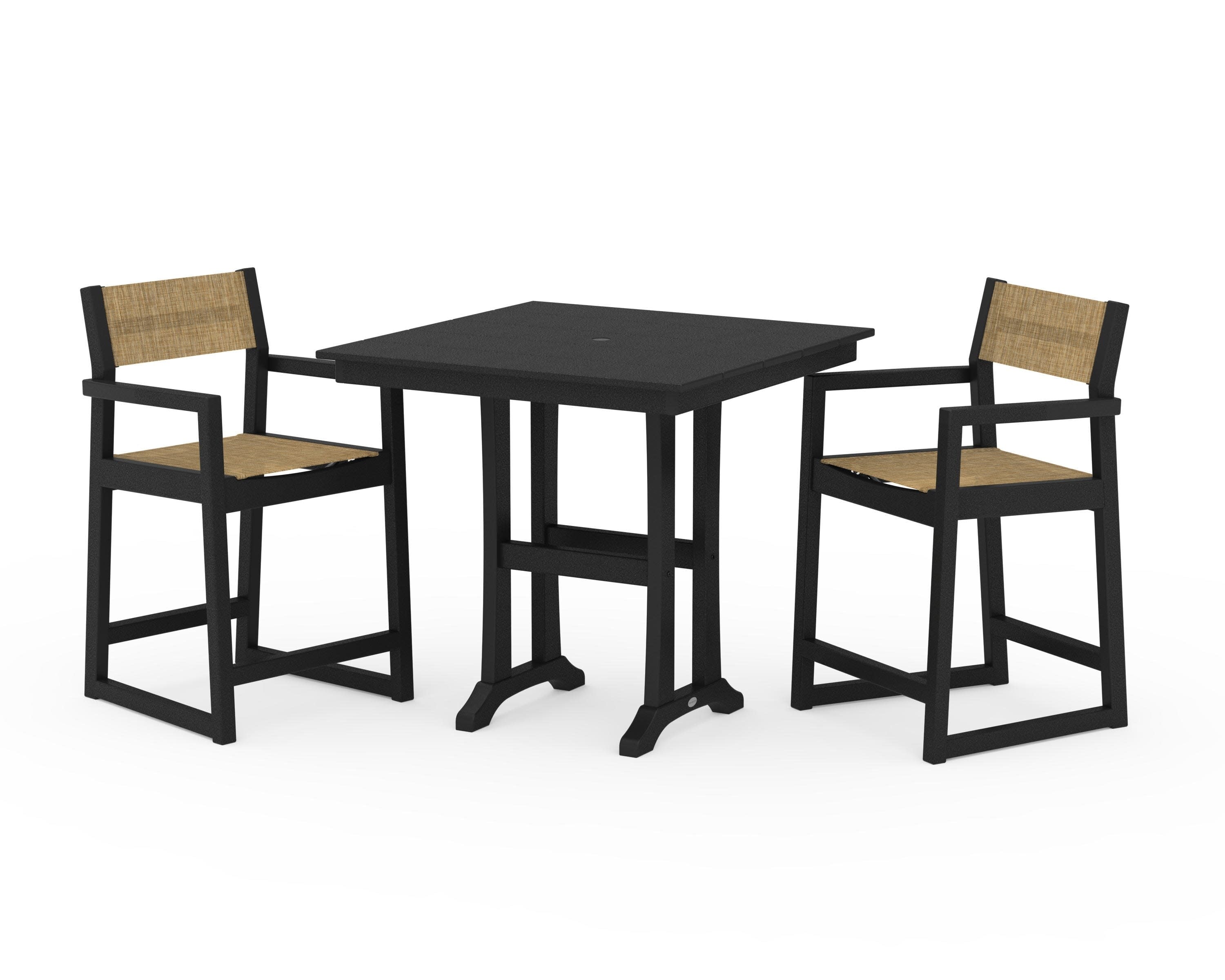 EDGE Sling Arm Chair 3-Piece Farmhouse Counter Set with Trestle Legs in Black / Burlap Sling