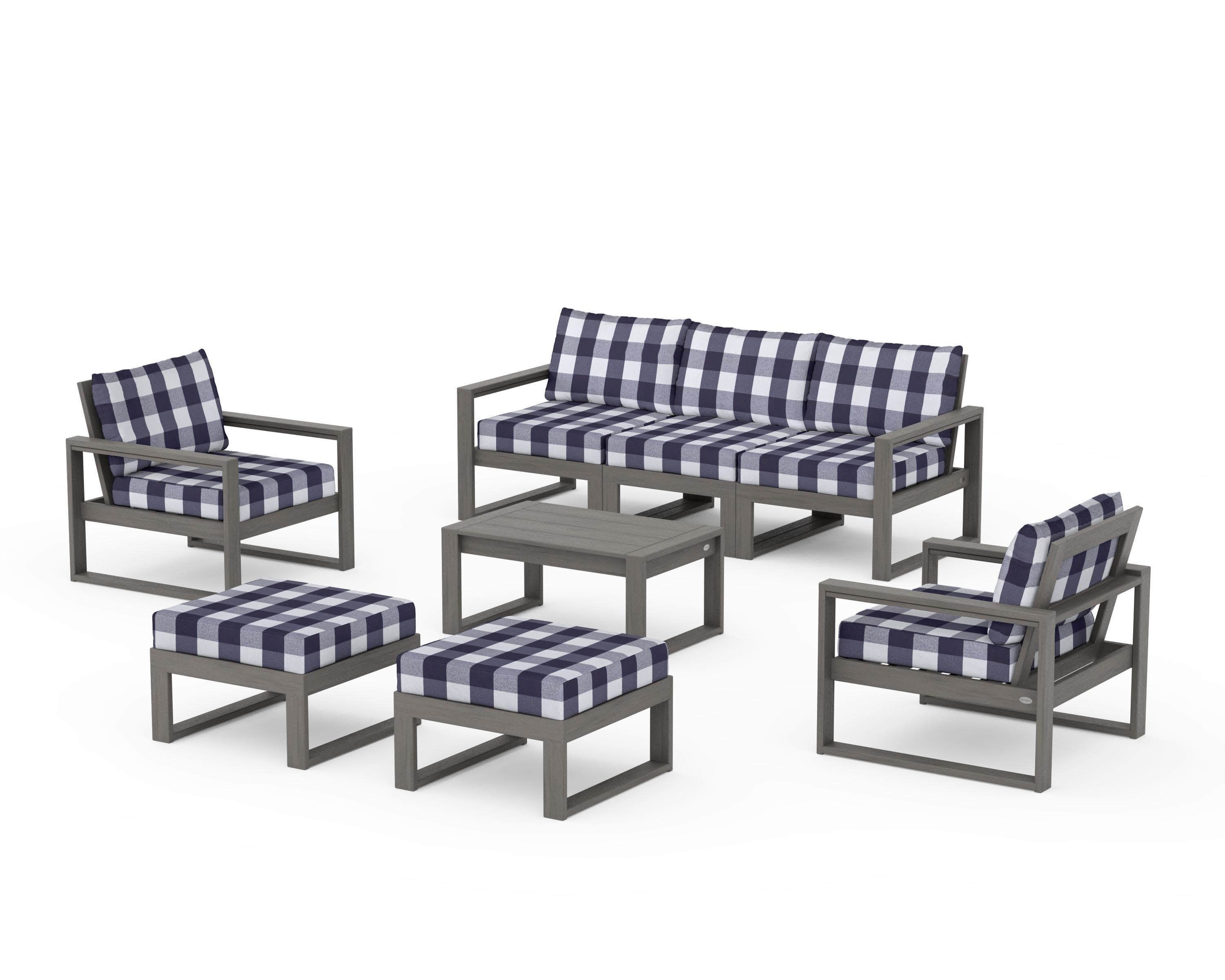 EDGE Sectional 8-Piece Lounge Sofa Set in Driftwood / Buffalo Plaid Navy