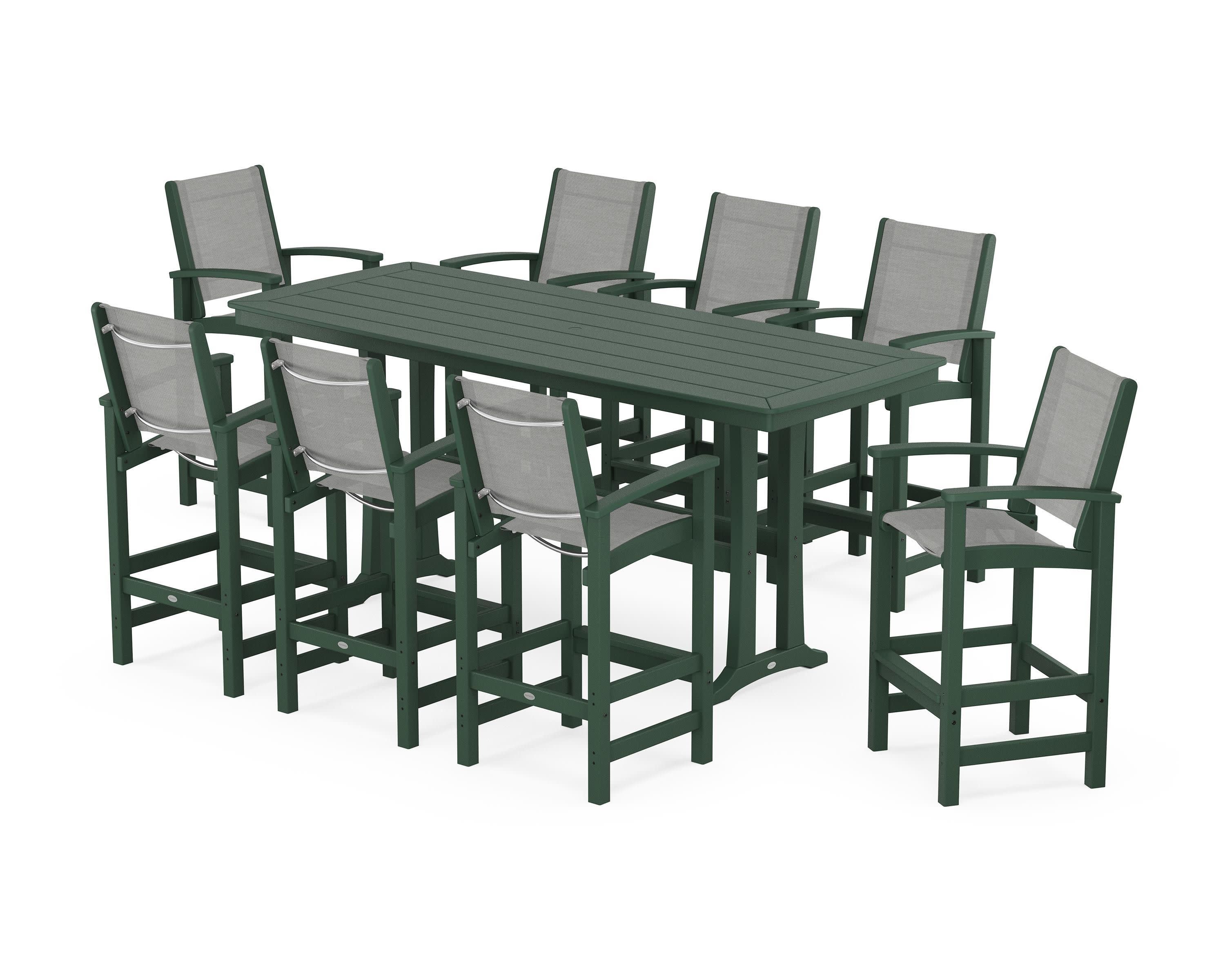 Coastal 9-Piece Bar Set with Trestle Legs in Green / Metallic Sling