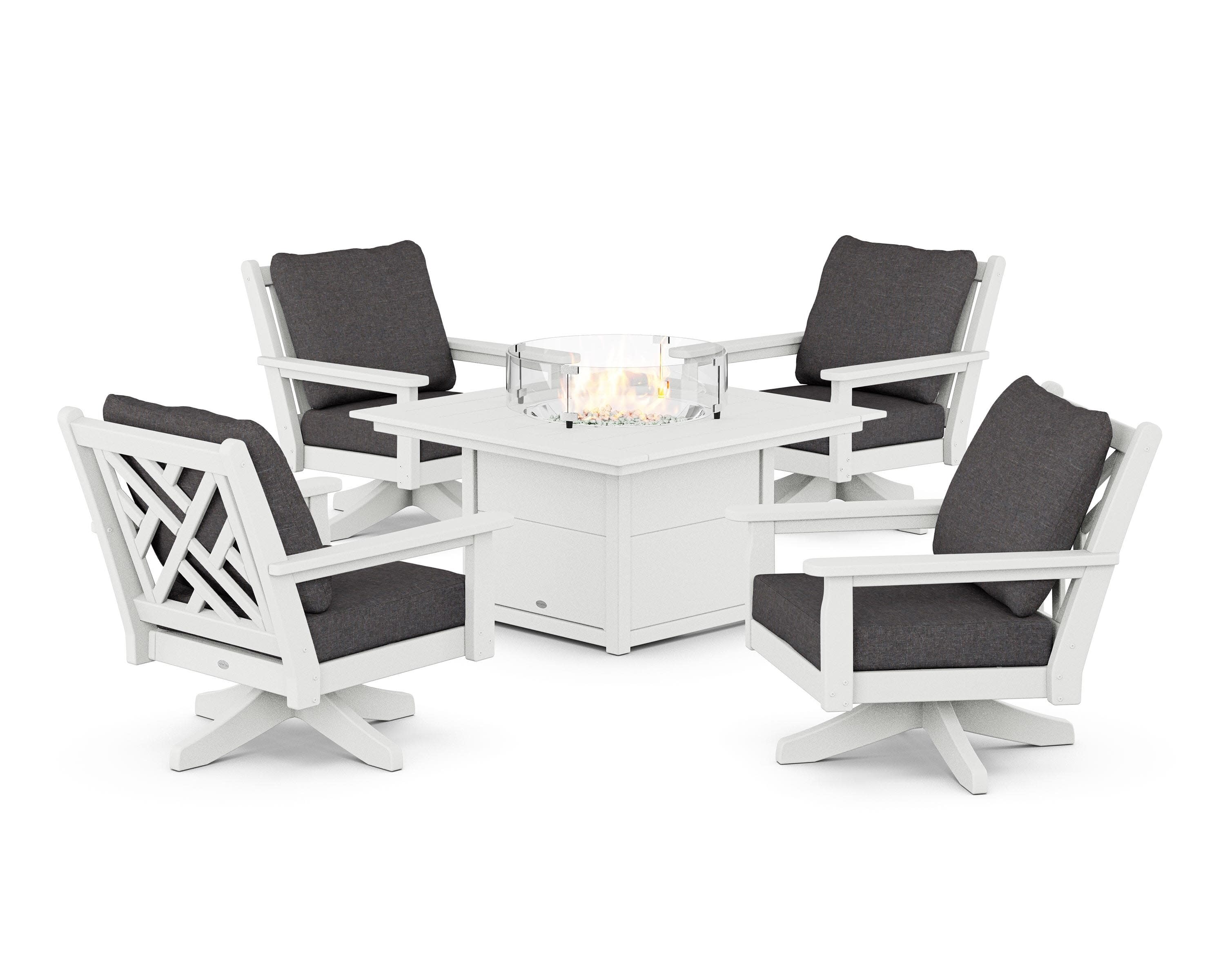 Chippendale 5-Piece Deep Seating Swivel Conversation Set with Fire Pit Table in White / Ash Charcoal