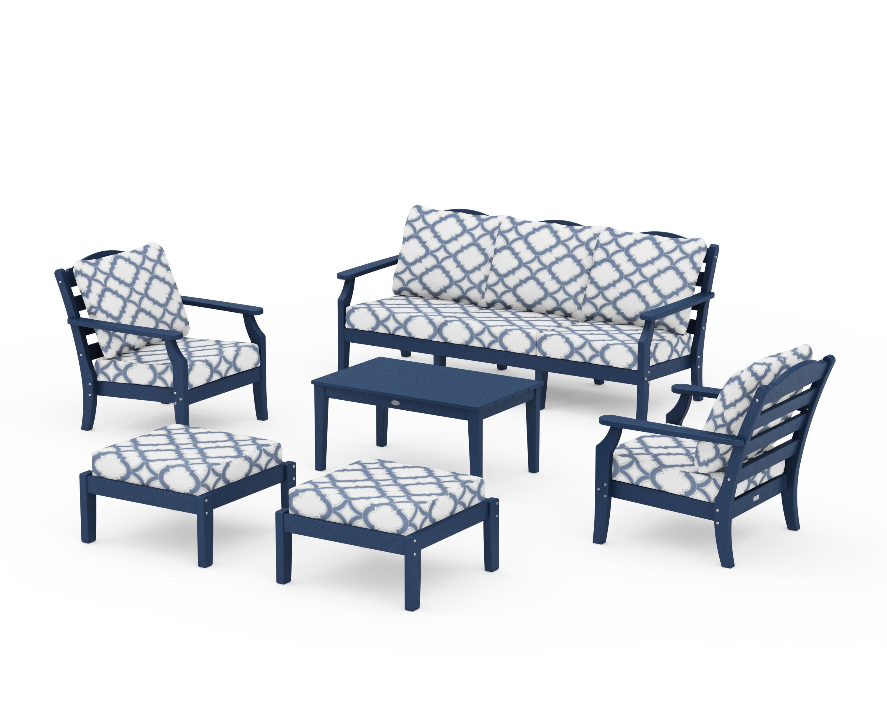 Savannah 6-Piece Lounge Sofa Set in Navy / Trellis Sky Blue
