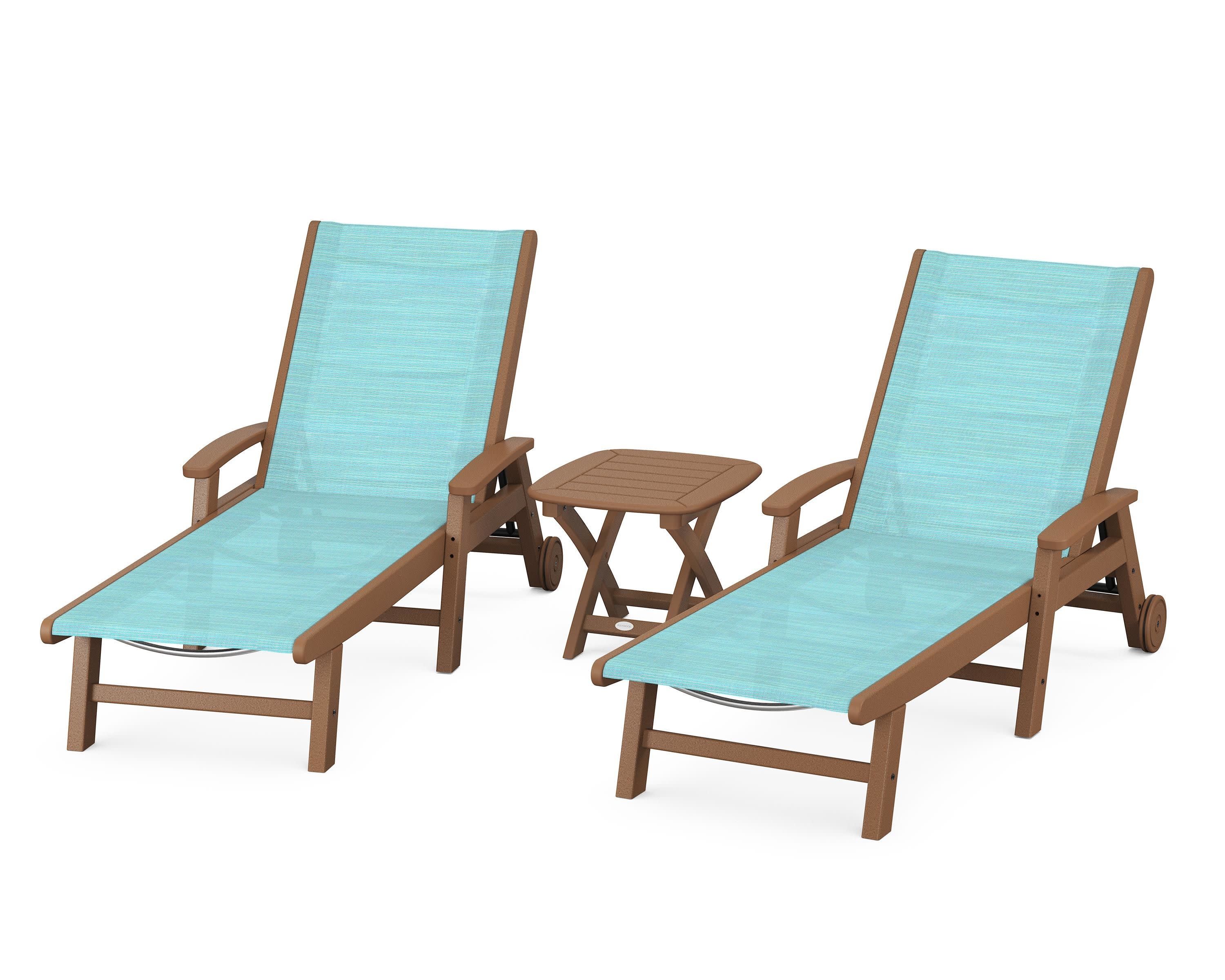 Coastal 3-Piece Wheeled Chaise Set in Teak / Dupioni Aquamarine Sling