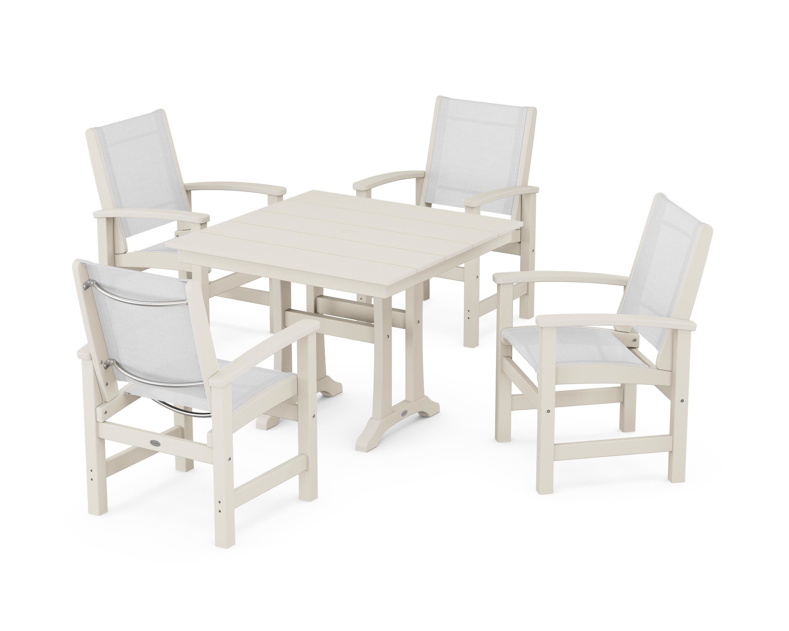Coastal 5-Piece Farmhouse Dining Set With Trestle Legs in Sand / White Sling