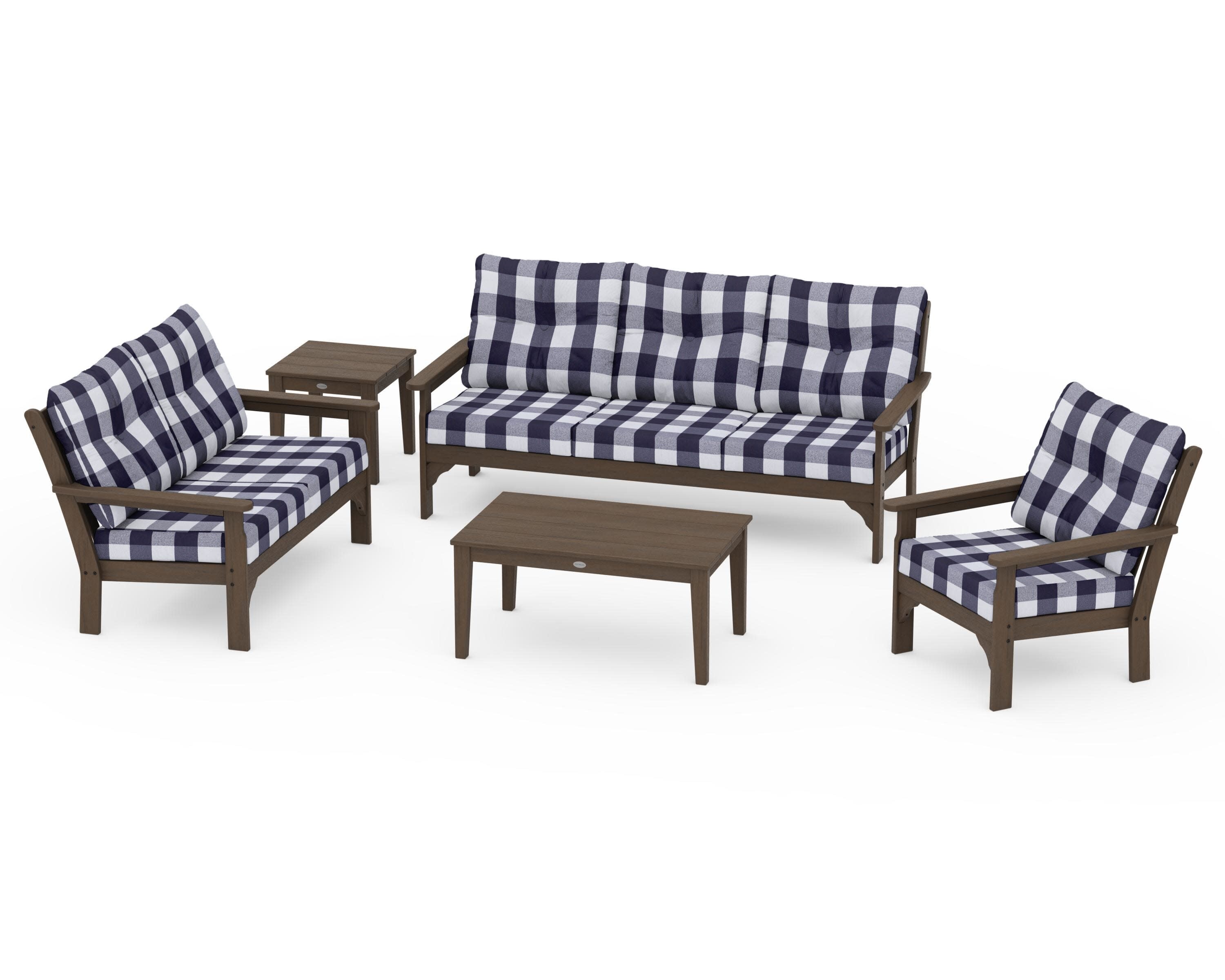 Vineyard 5 Piece Deep Seating Set in Kona / Buffalo Plaid Navy