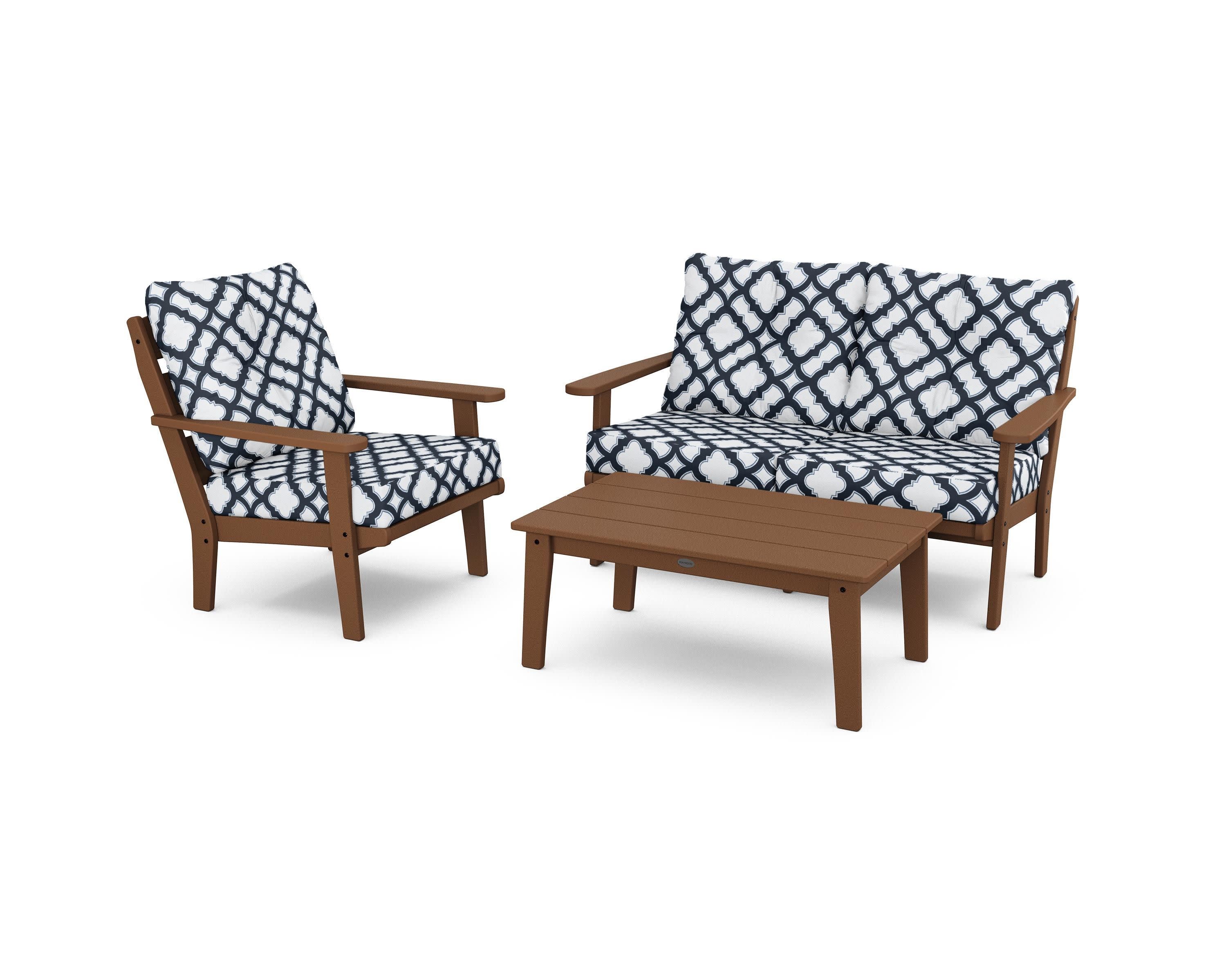 Lakeside 3-Piece Deep Seating Set in Teak / Trellis Marine Indigo