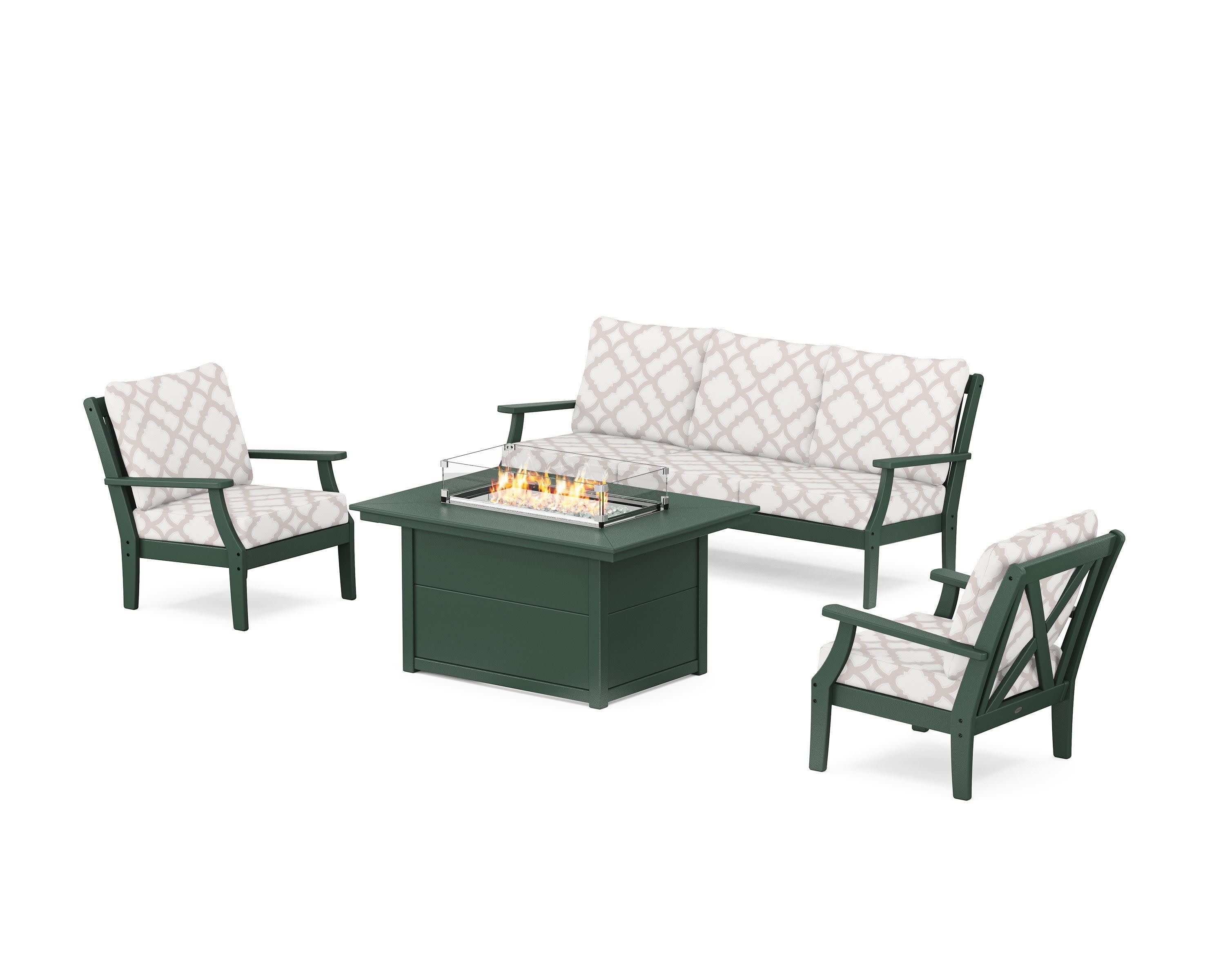 Braxton Deep Seating Fire Pit Table Set in Green / Trellis Dune Burlap