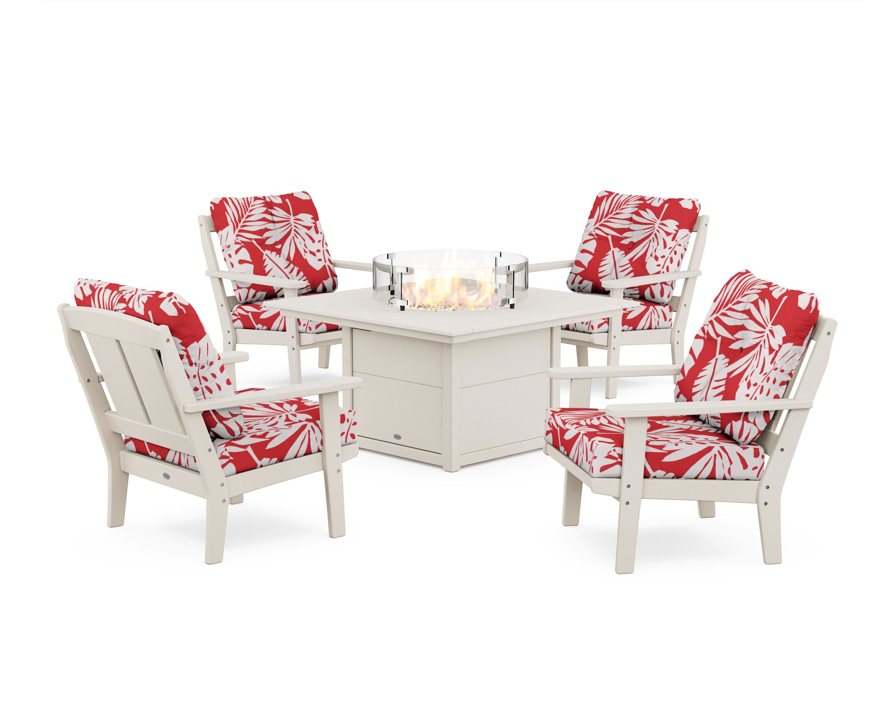 Mission 5-Piece Deep Seating Set with Fire Pit Table in Sand / Leaf Crimson
