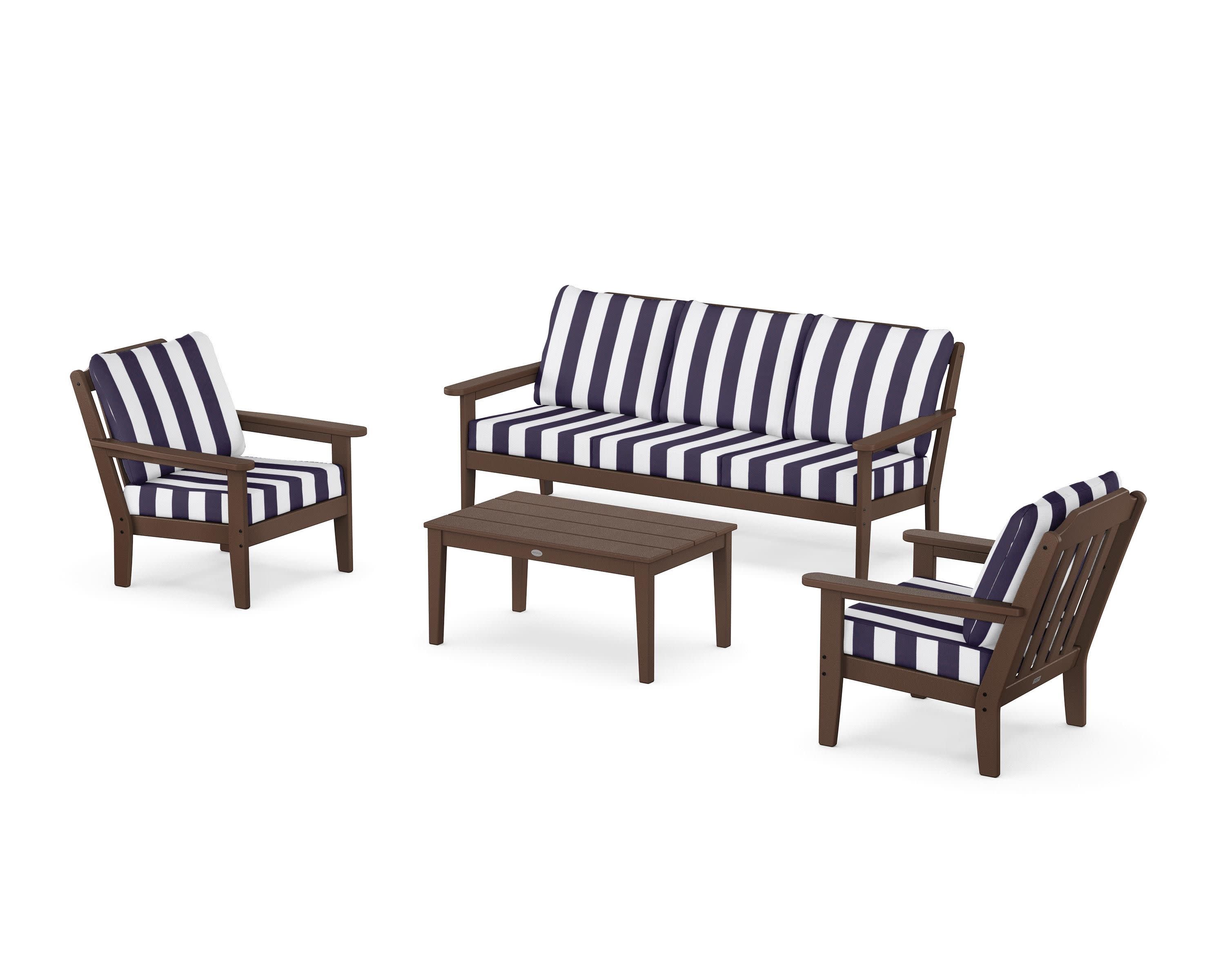Cottage 4-Piece Deep Seating Set with Sofa in Mahogany / Cabana Stripe Navy