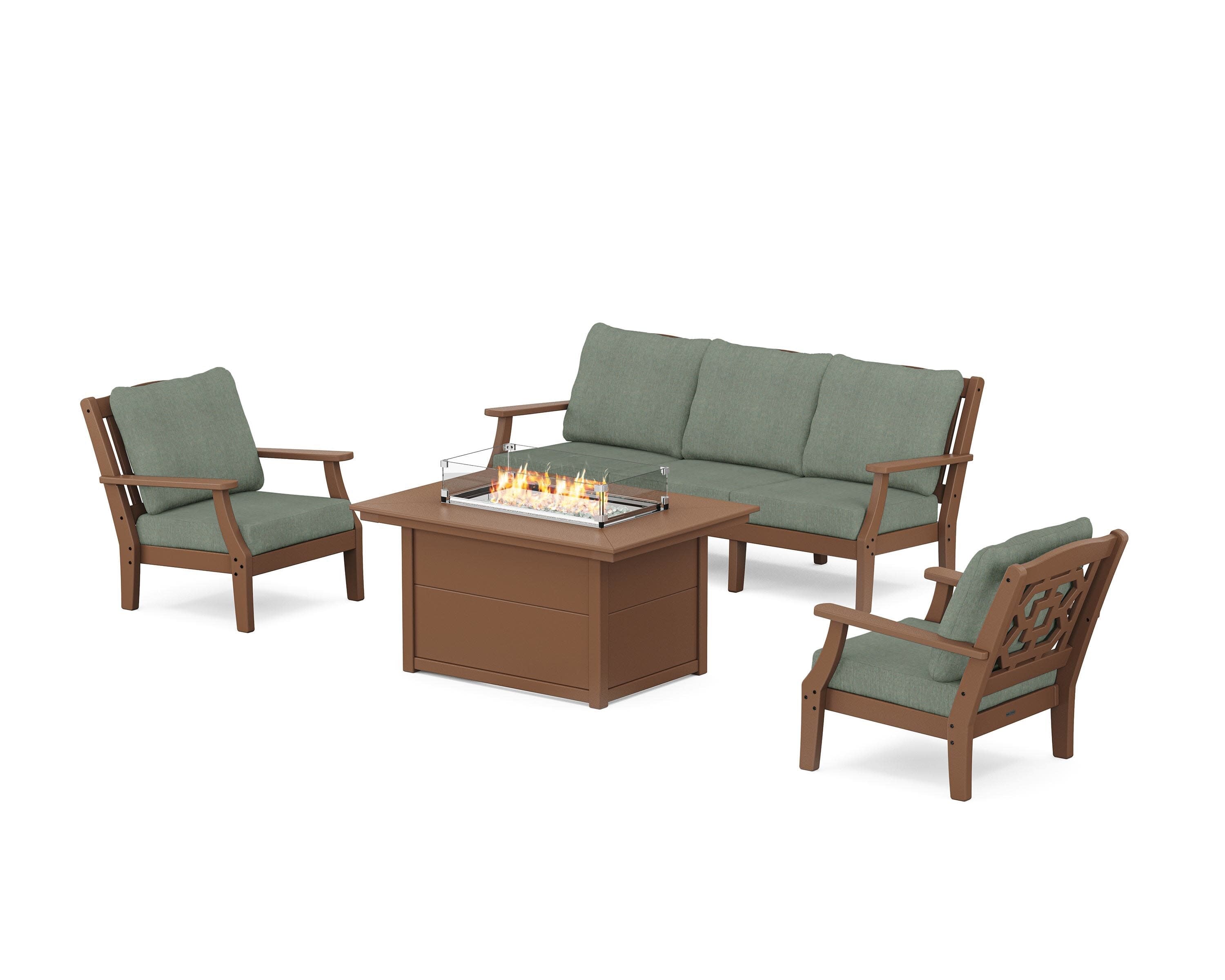 Chinoiserie Deep Seating Fire Pit Table Set in Teak / Cast Sage