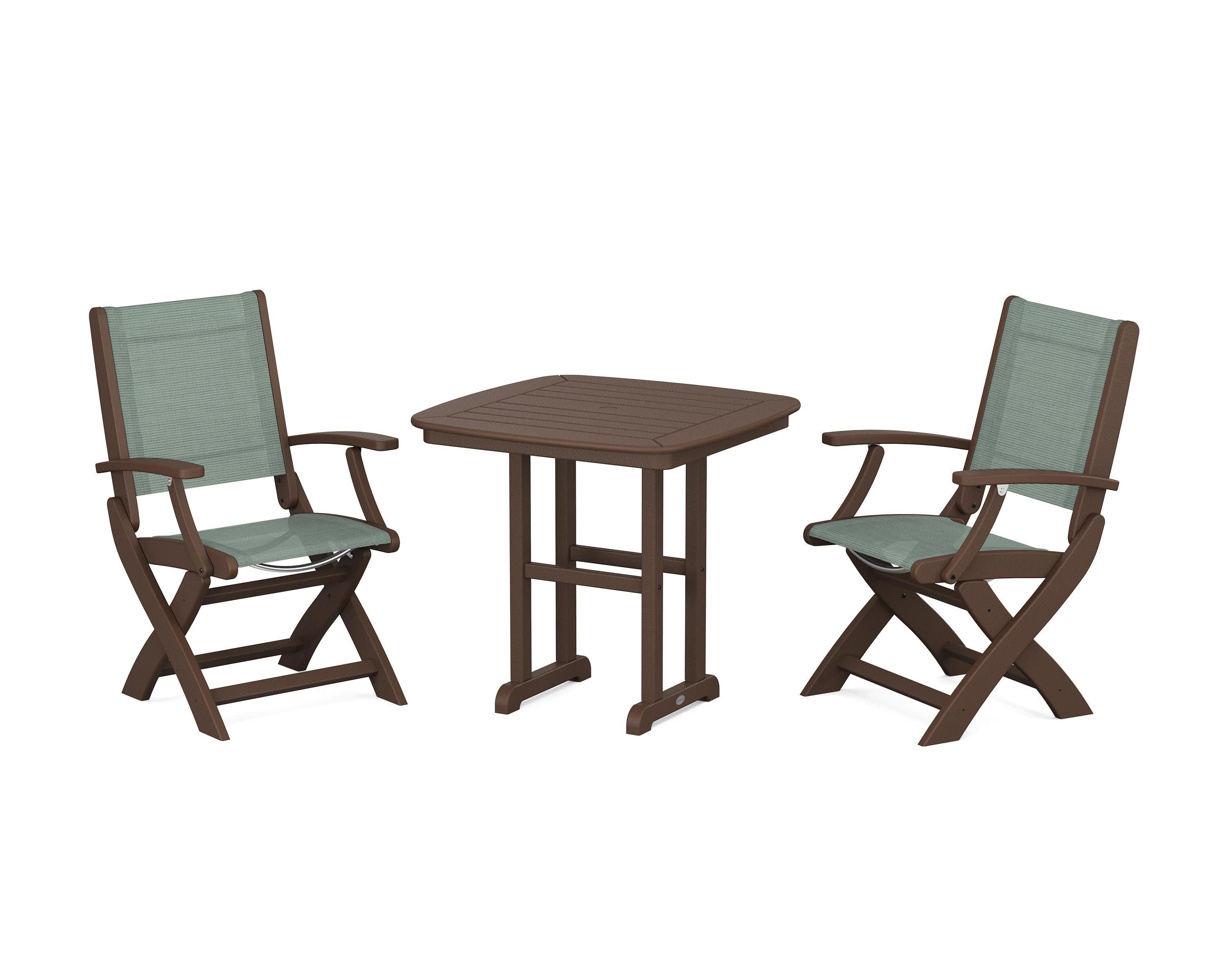 Coastal Folding Chair 3-Piece Dining Set in Mahogany / Dupioni Sea Mist Sling