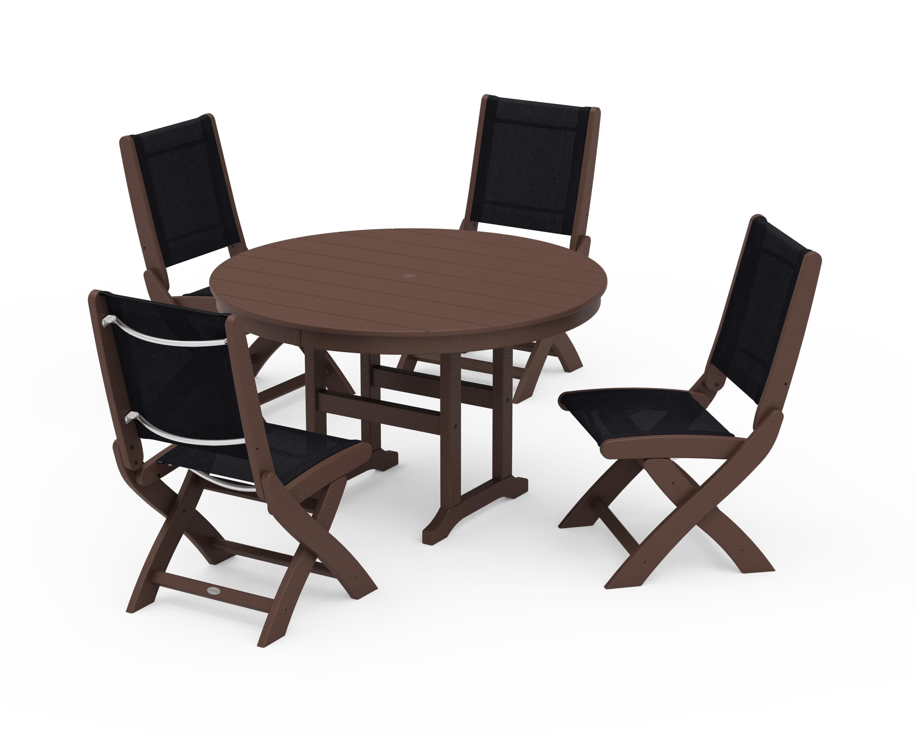 Coastal Folding Side Chair 5-Piece Round Dining Set in Mahogany / Black Sling