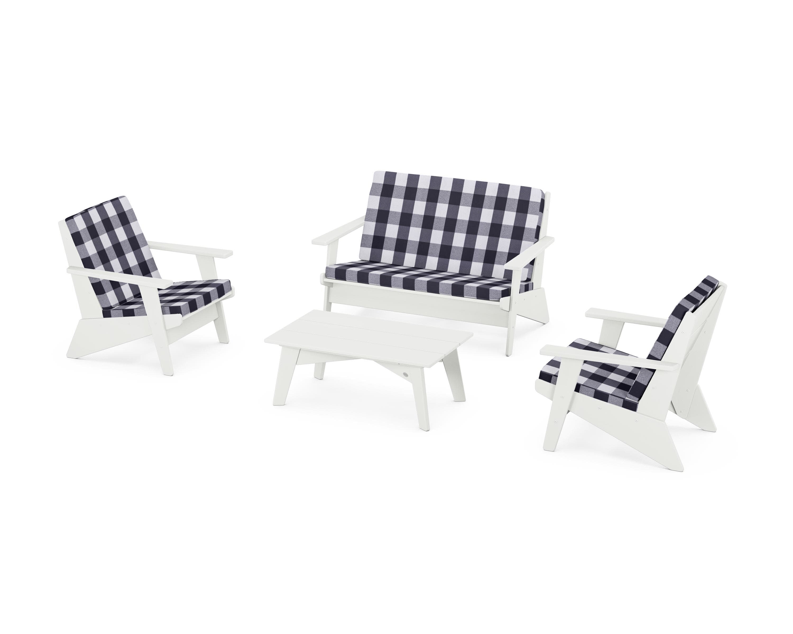 Riviera Modern Lounge 4-Piece Set in Vintage White / Buffalo Plaid Navy