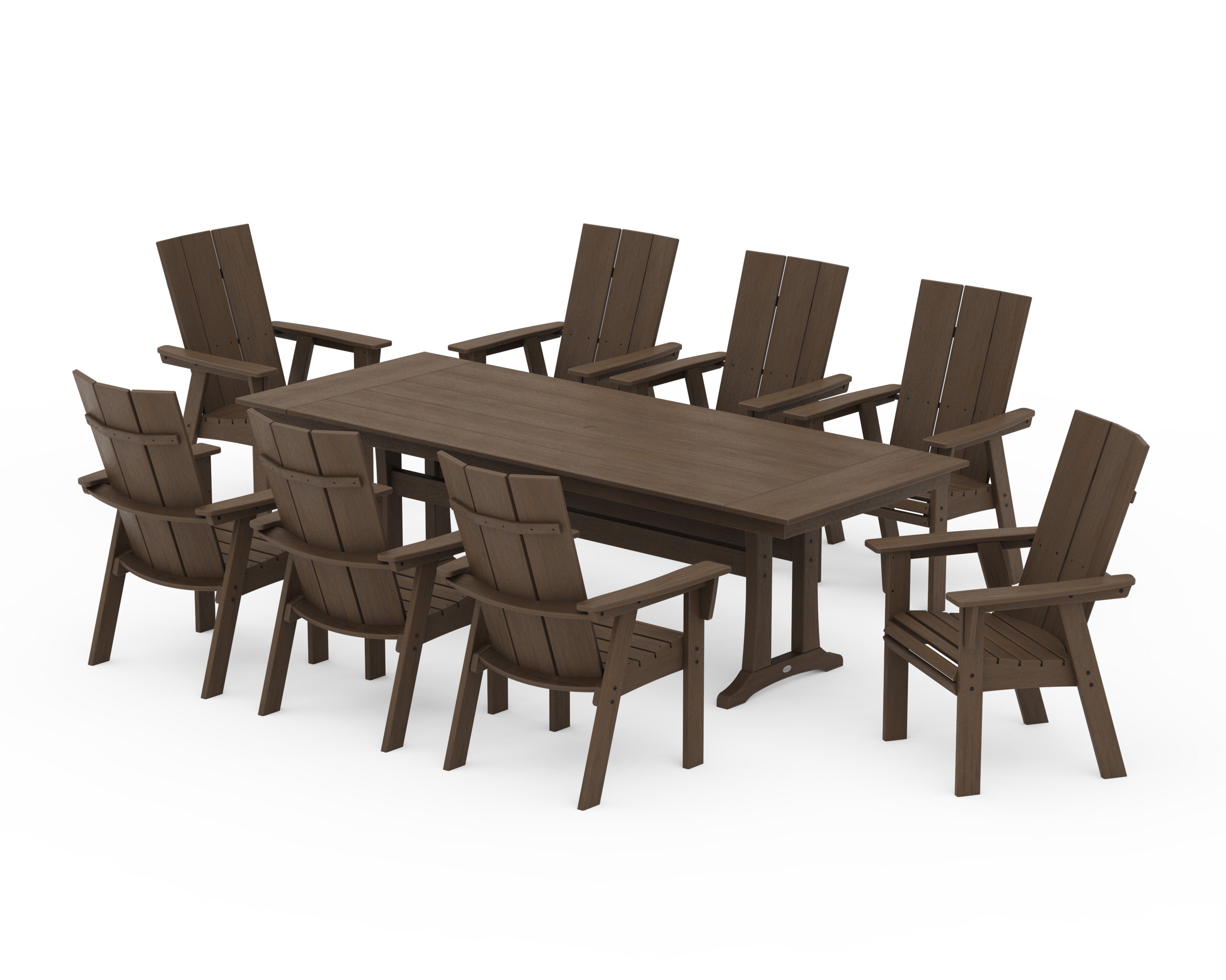 Modern Curveback Adirondack 9-Piece Farmhouse Dining Set with Trestle Legs in Kona