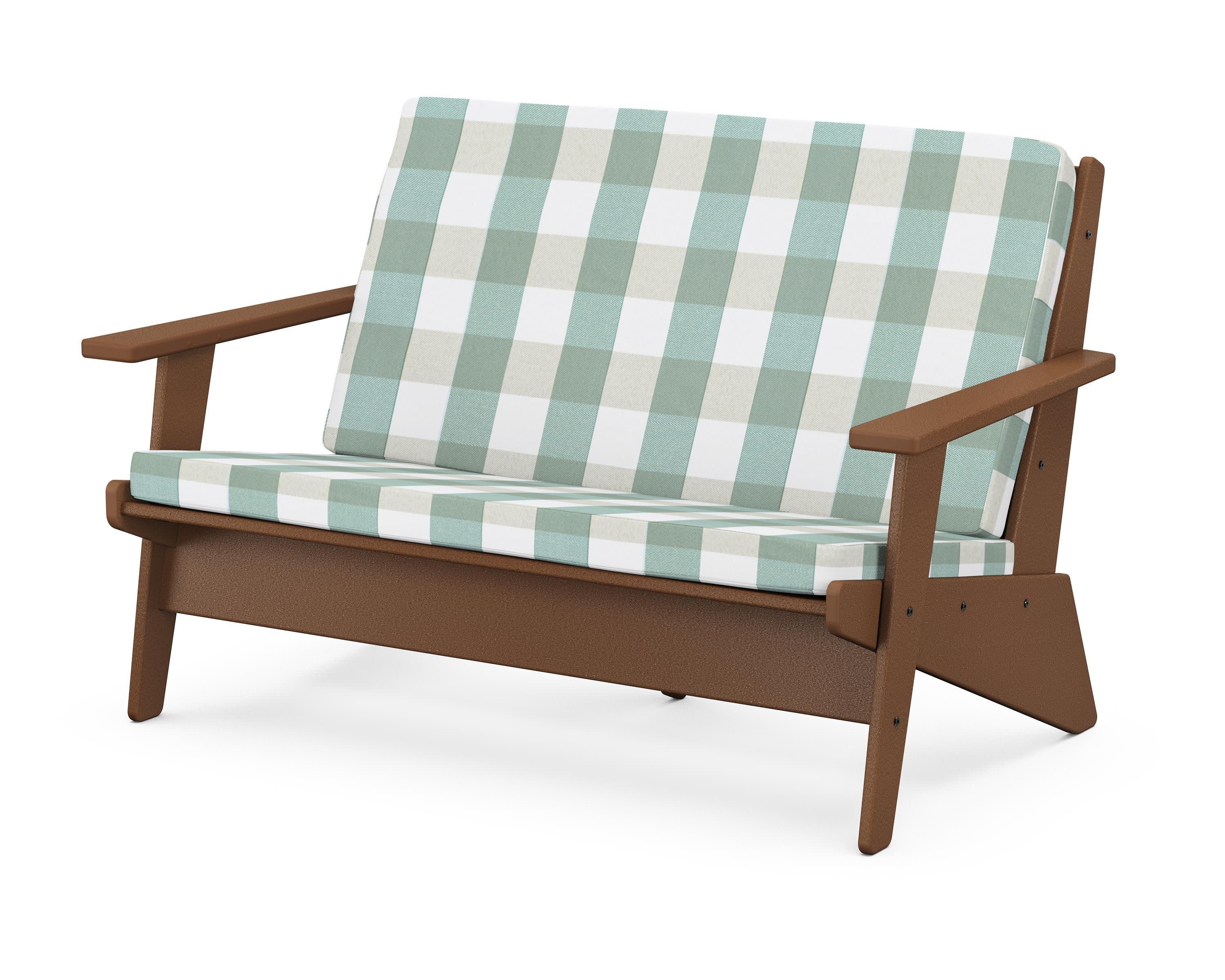 Riviera Modern Lounge Loveseat in Teak / Buffalo Plaid Glacier Spa