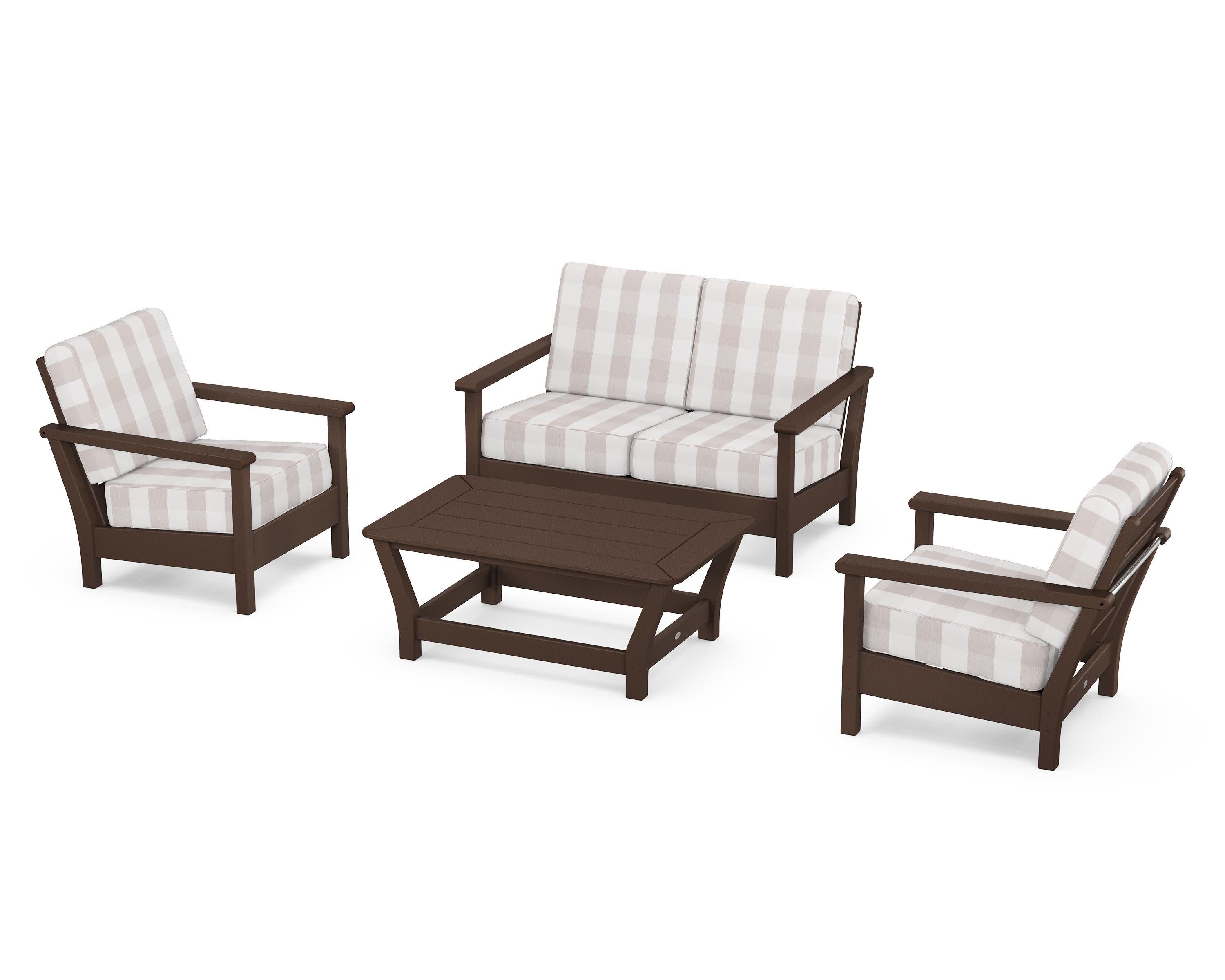 Harbour 4-Piece Deep Seating Set in Mahogany / Buffalo Plaid Dune Burlap