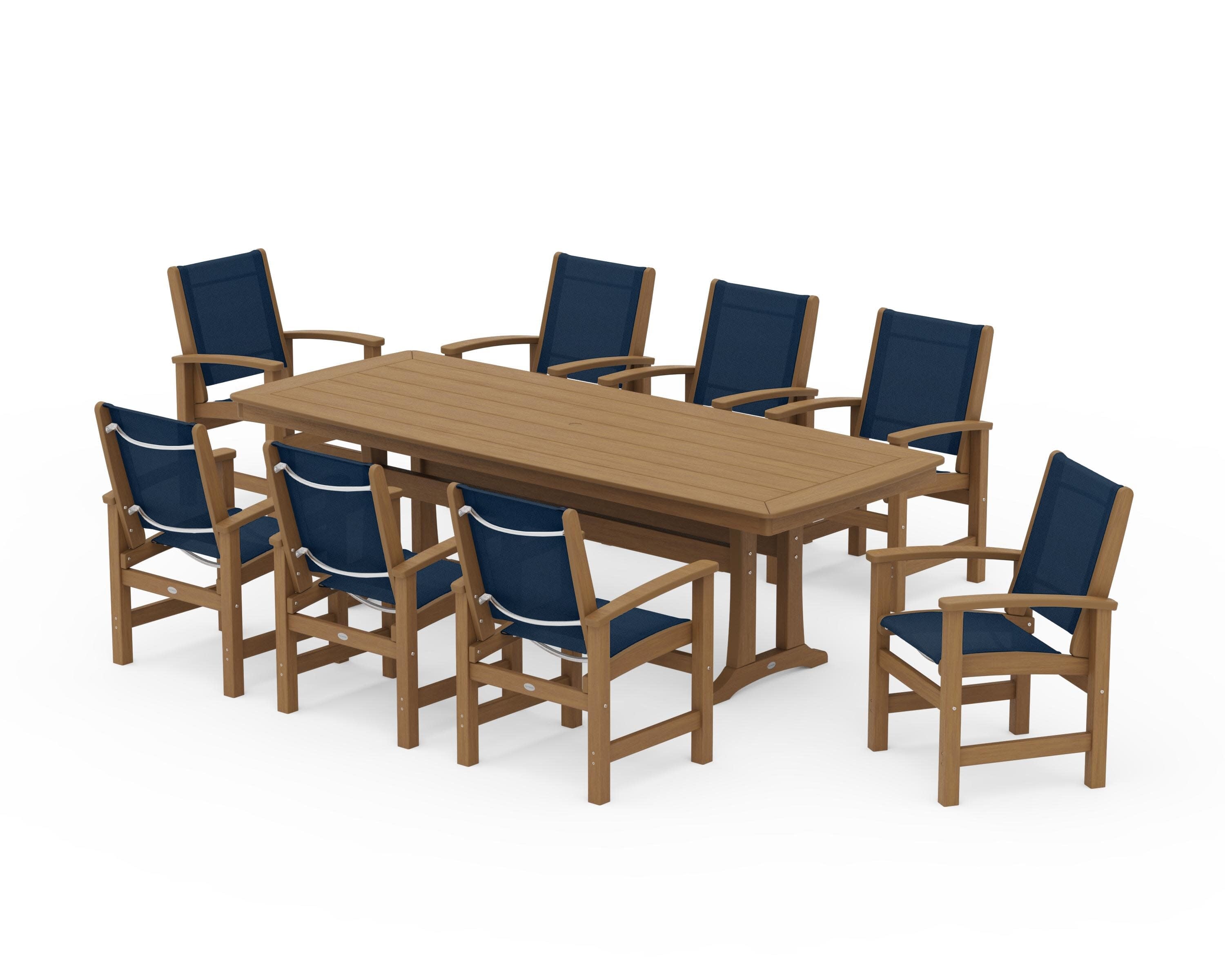 Coastal 9-Piece Dining Set with Trestle Legs in Natural / Navy Blue Sling