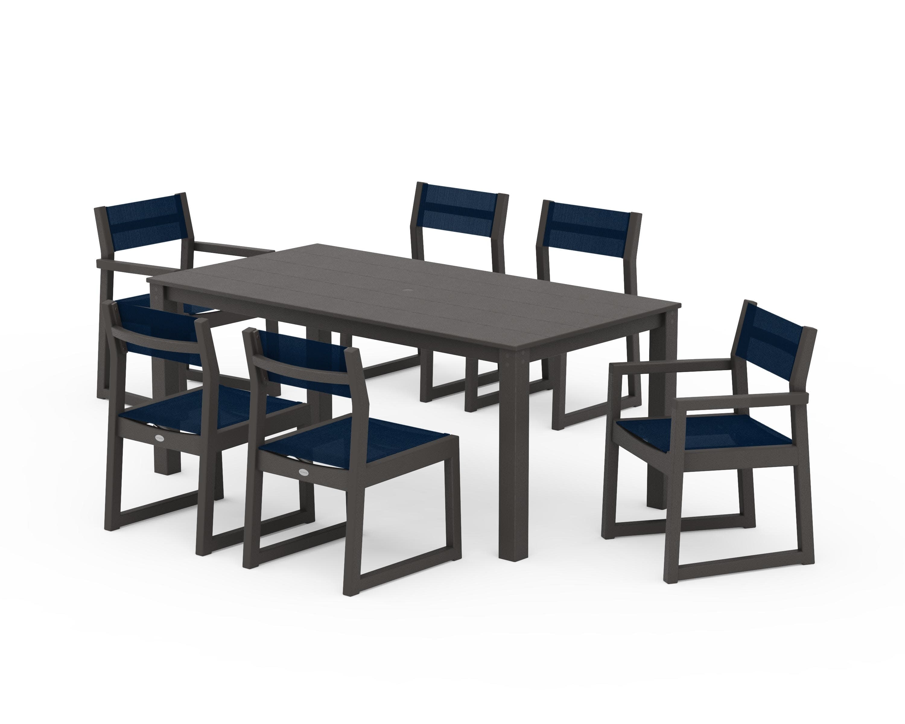 EDGE Sling 7-Piece Parsons Dining Set in Vintage Coffee / Navy Blue Sling