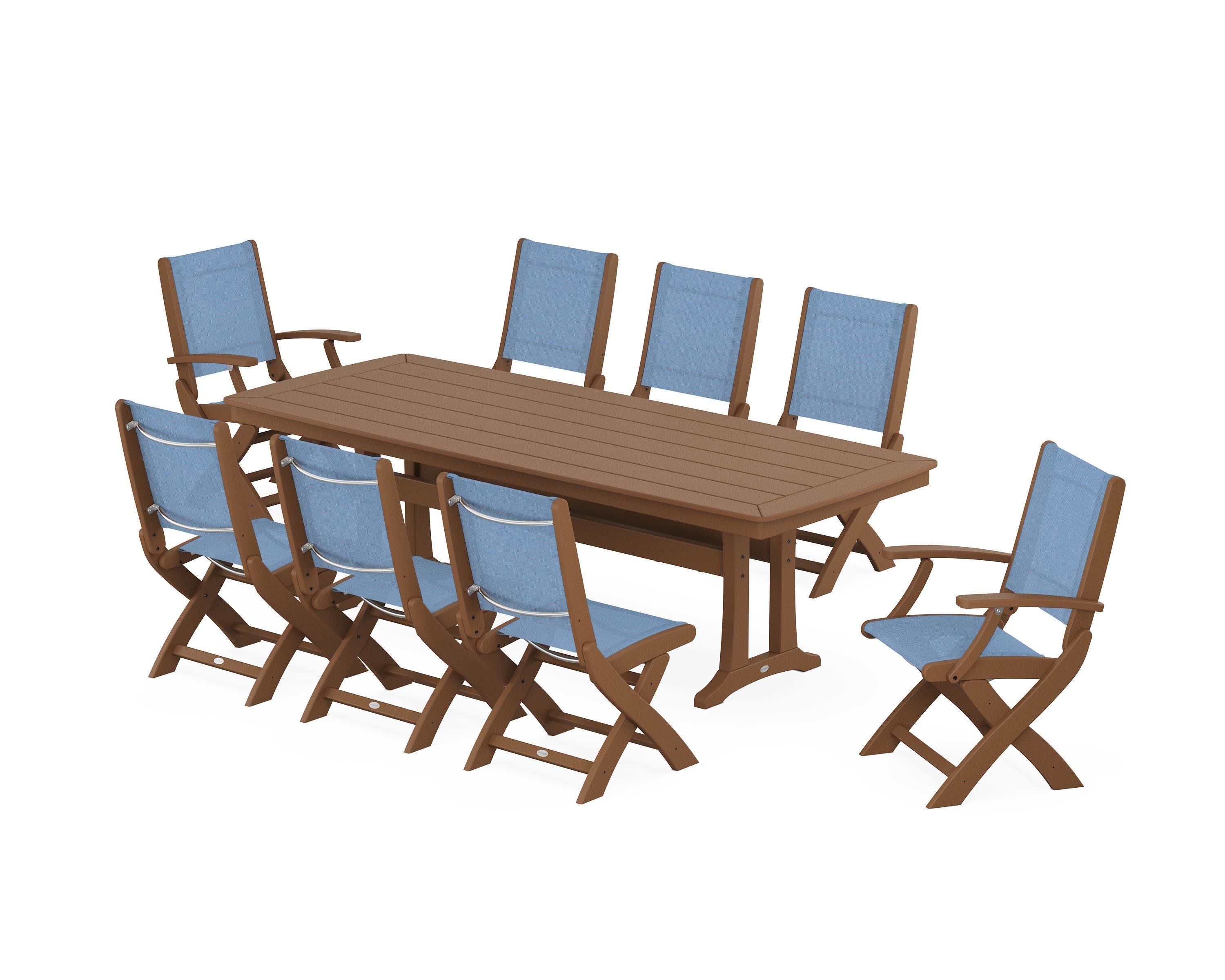 Coastal Folding 9-Piece Dining Set with Trestle Legs in Teak / Poolside Sling