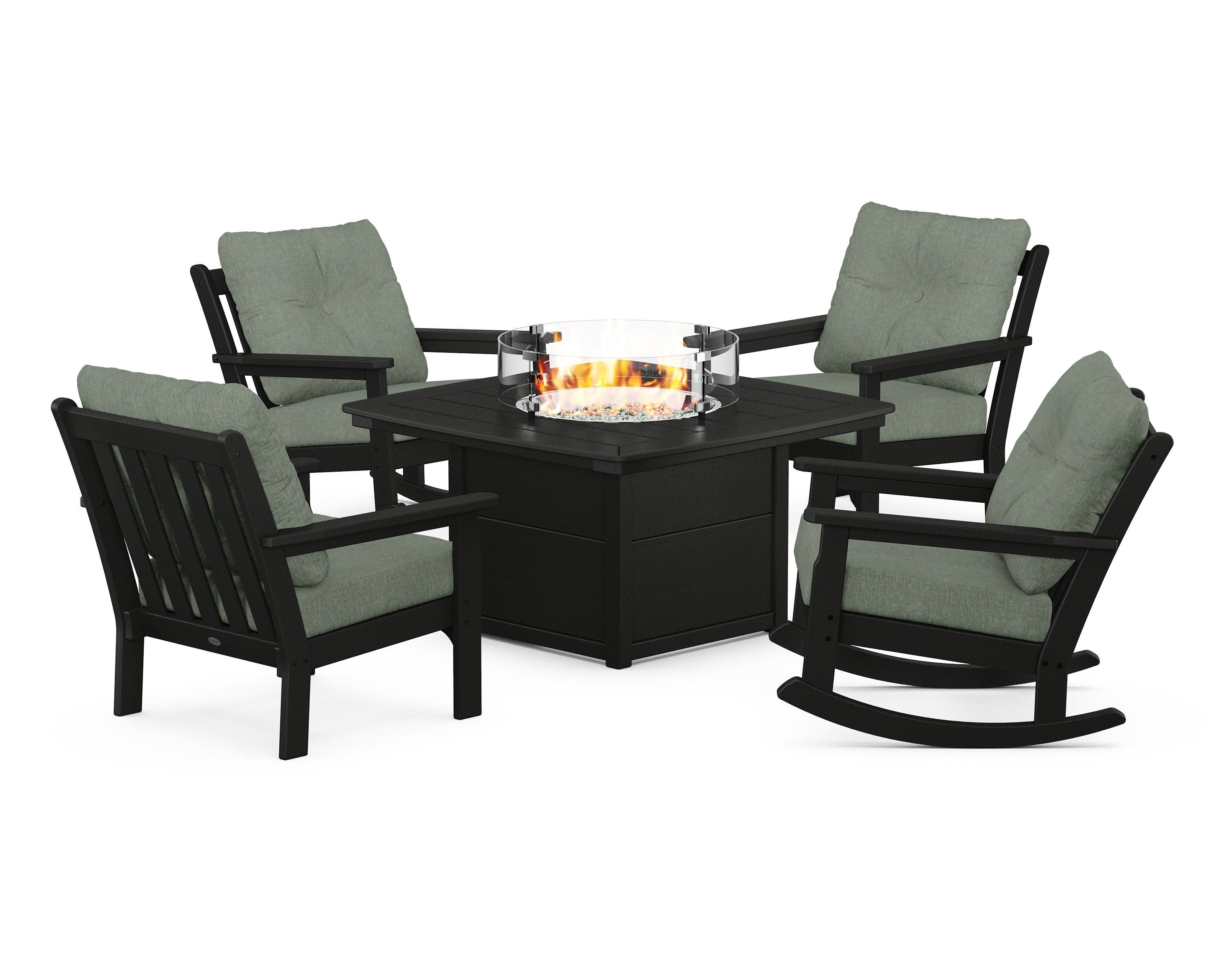 Vineyard 5-Piece Deep Seating Rocking Chair Conversation Set with Fire Pit Table in Black / Cast Sage
