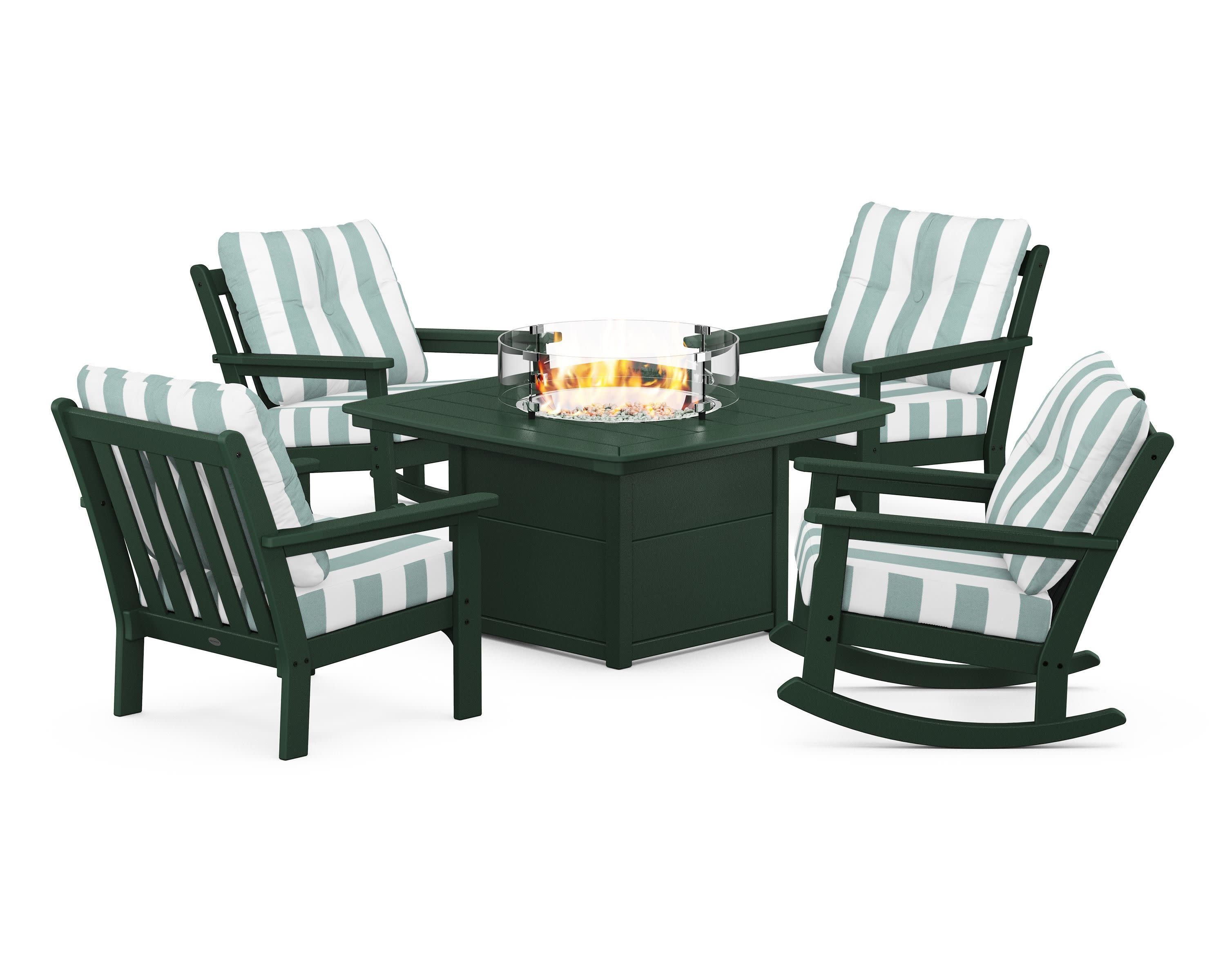 Vineyard 5-Piece Deep Seating Rocking Chair Conversation Set with Fire Pit Table in Green / Cabana Stripe Glacier Spa
