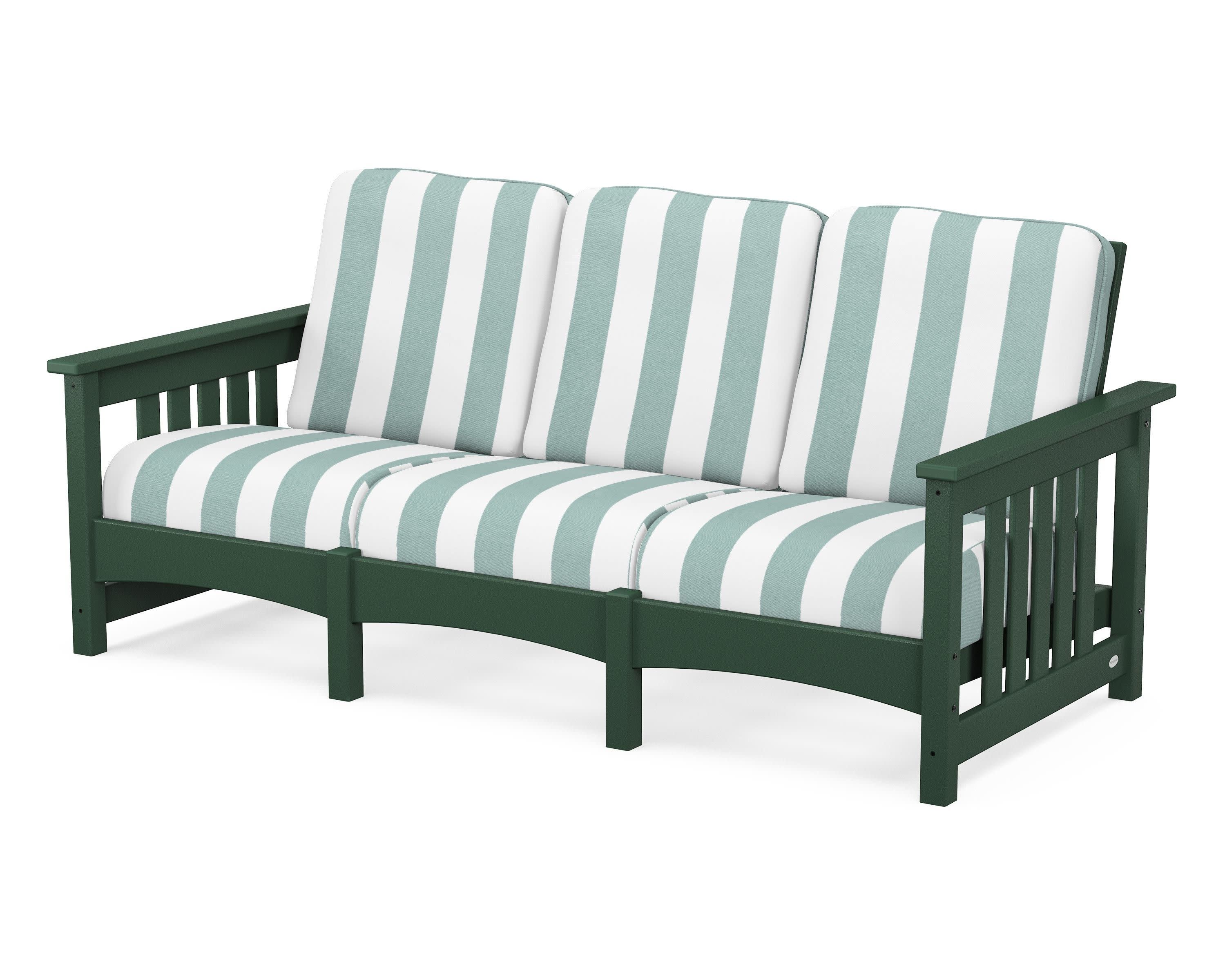 Club Mission Sofa in Green / Cabana Stripe Glacier Spa