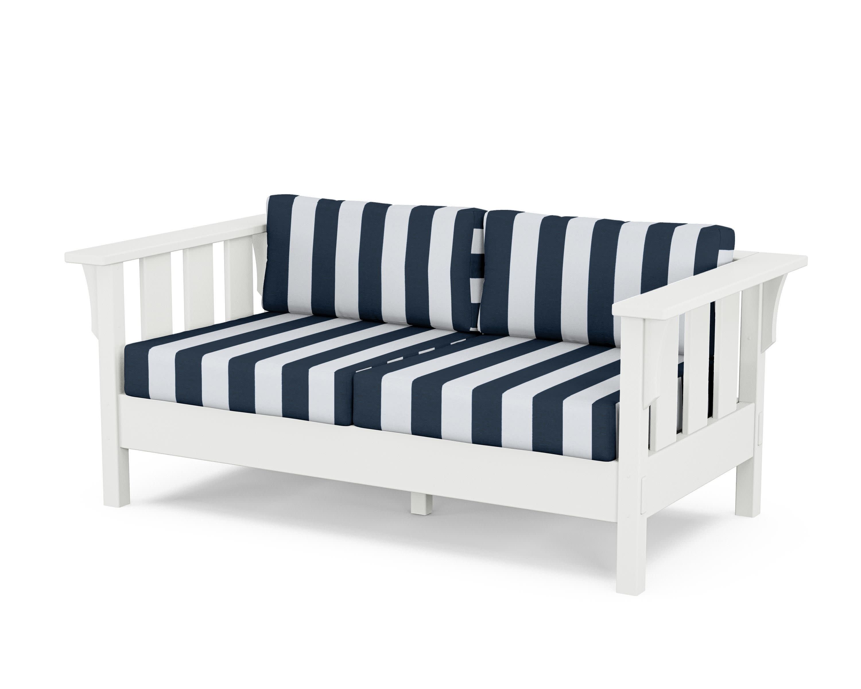 Acadia Deep Seating Loveseat in White / Cabana Stripe Marine Indigo
