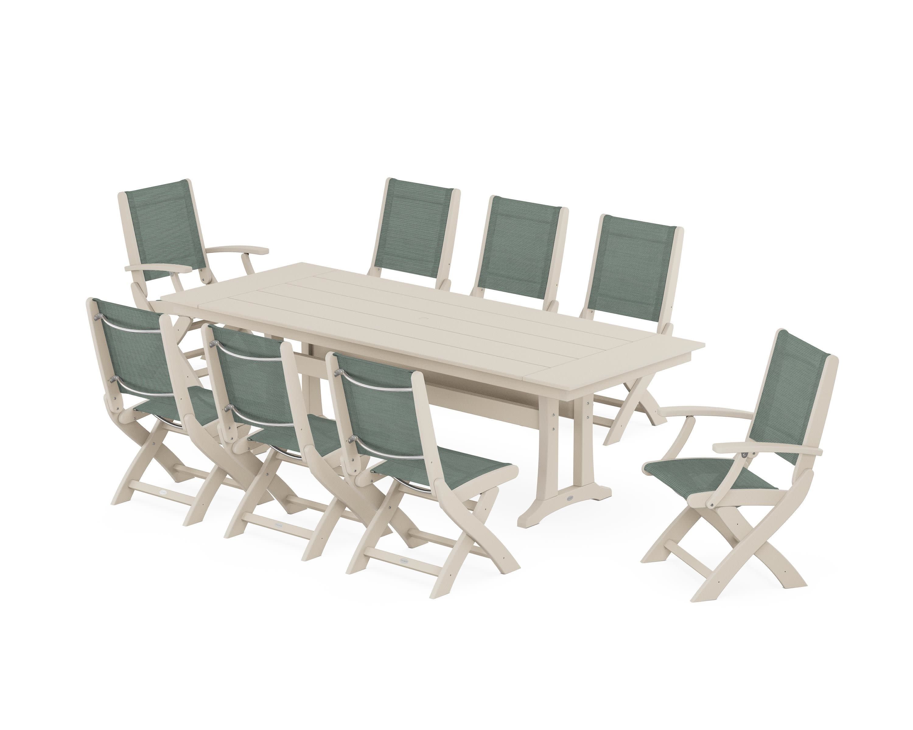 Coastal 9-Piece Folding Dining Chair Farmhouse Dining Set with Trestle Legs in Sand / Dupioni Sea Mist Sling