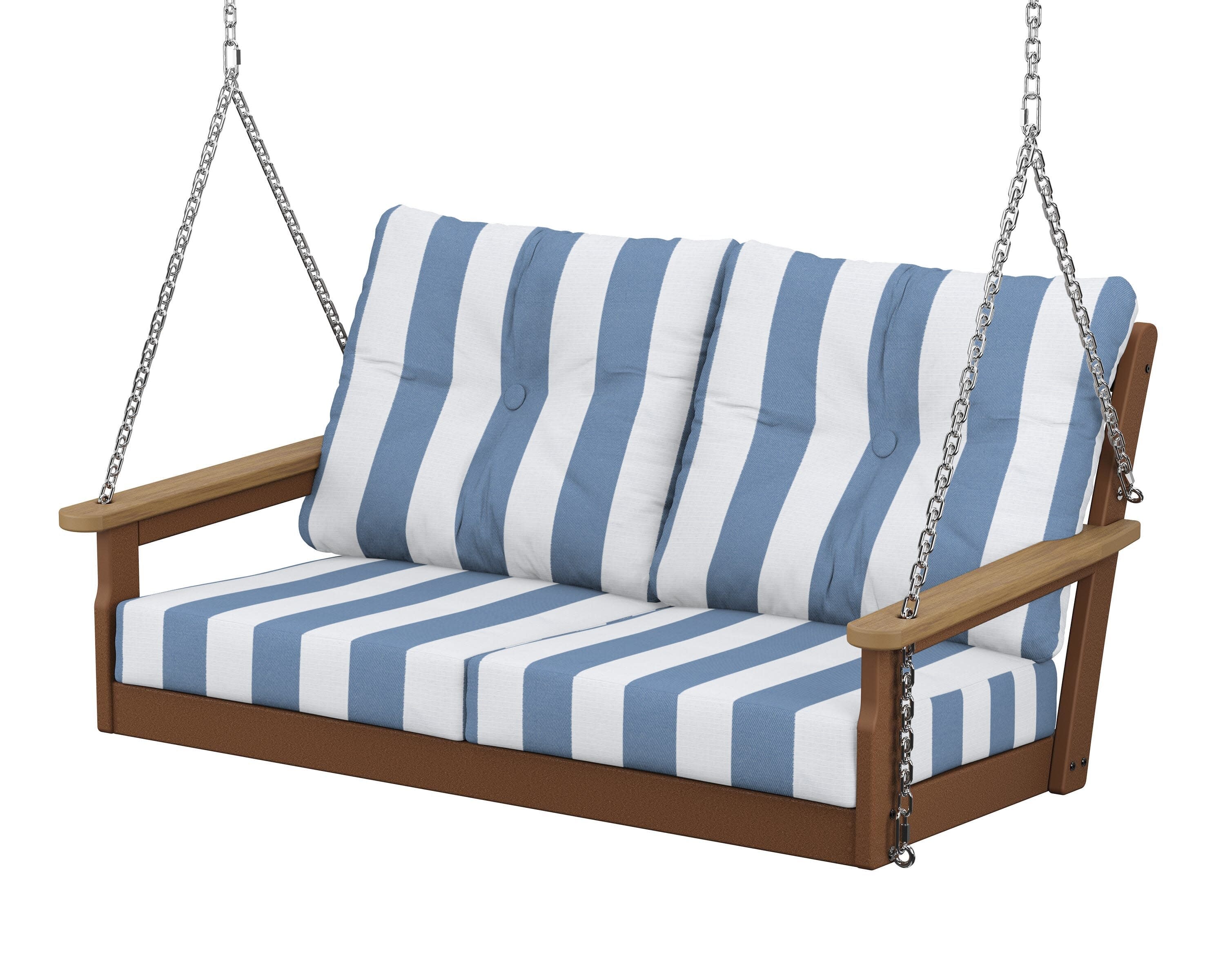 Vineyard Deep Seating Swing in Teak / Natural / Cabana Stripe Sky Blue
