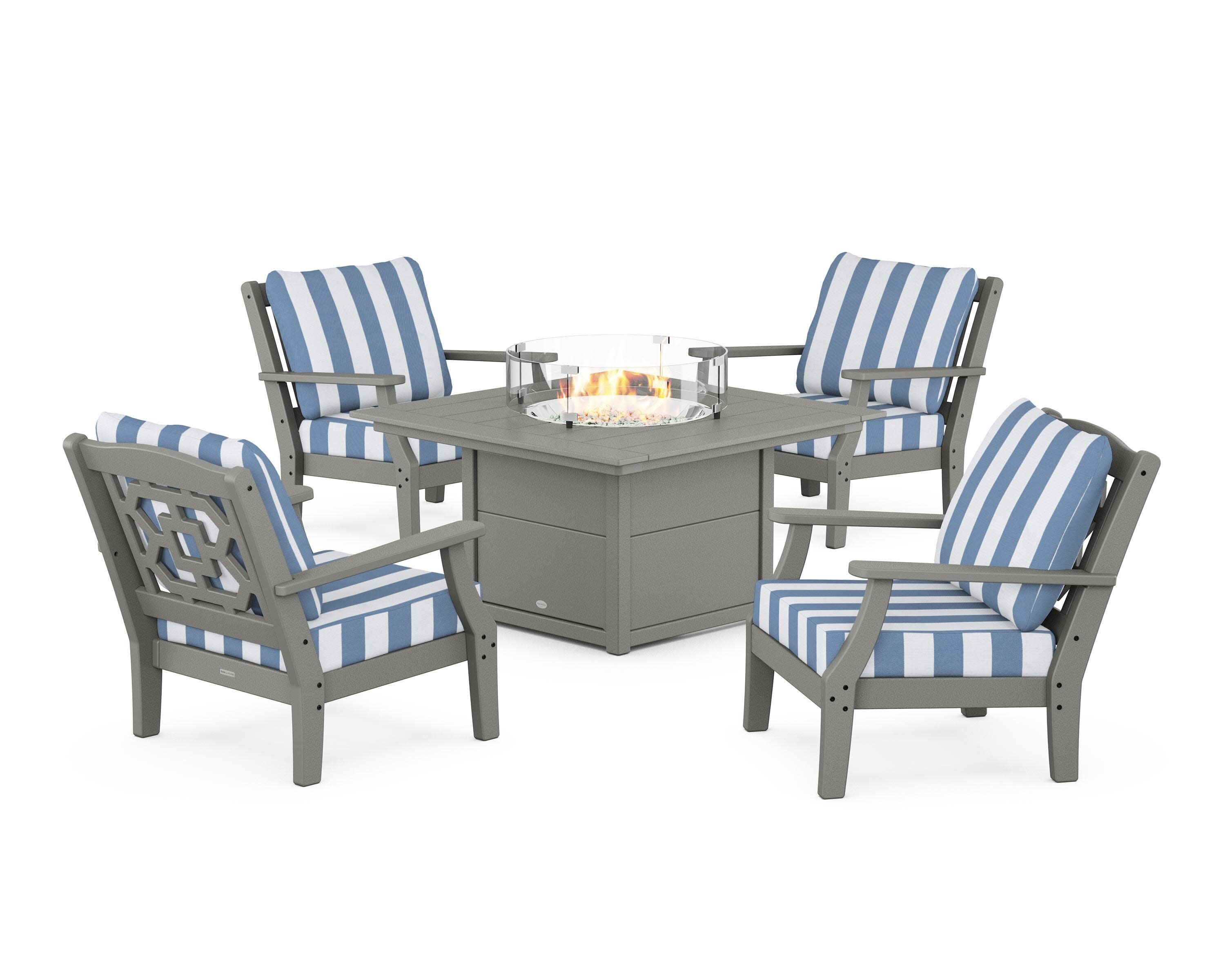 Chinoiserie 5-Piece Deep Seating Set with Fire Pit Table in Slate Grey / Cabana Stripe Sky Blue