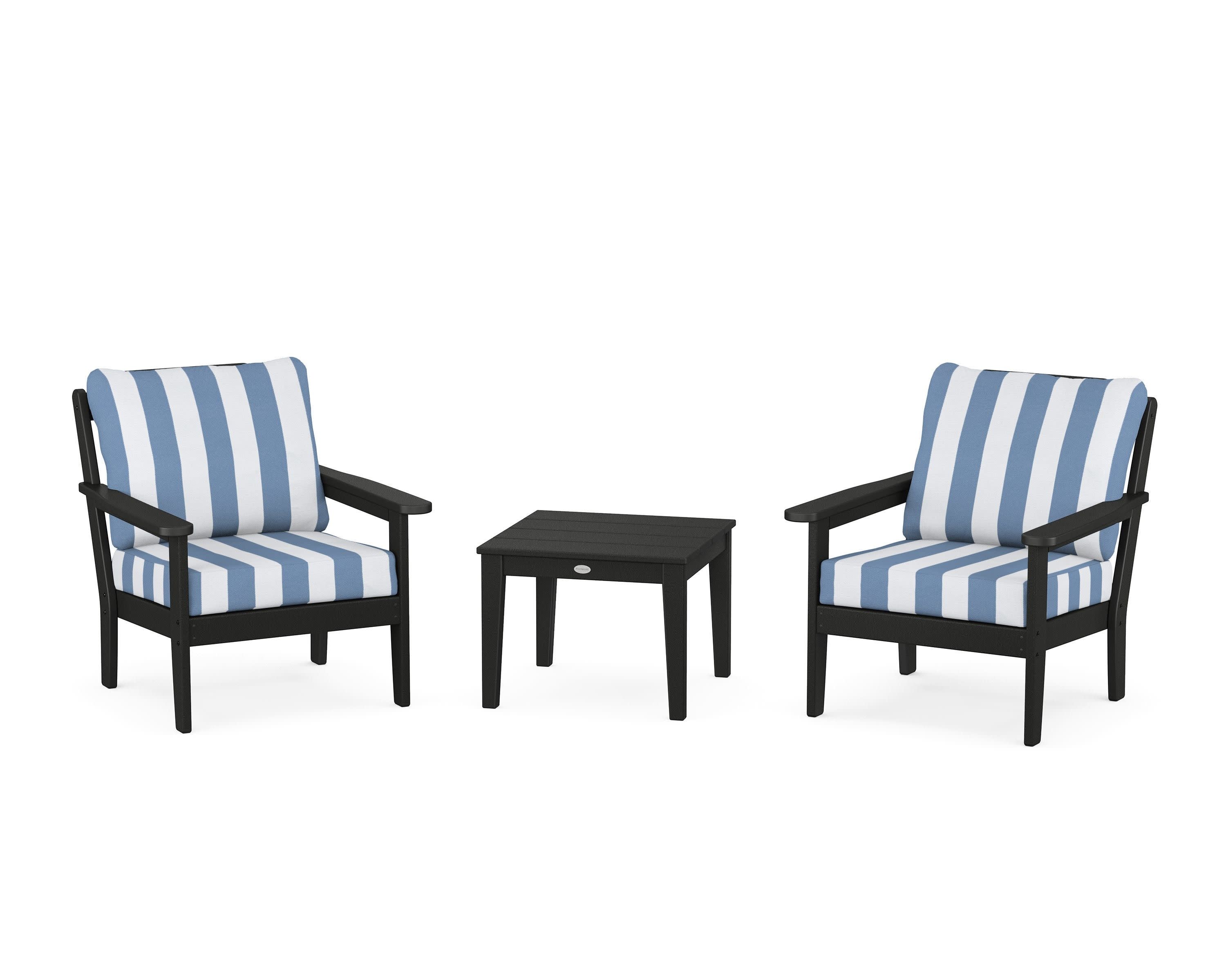 Cottage 3-Piece Deep Seating Set in Black / Cabana Stripe Sky Blue