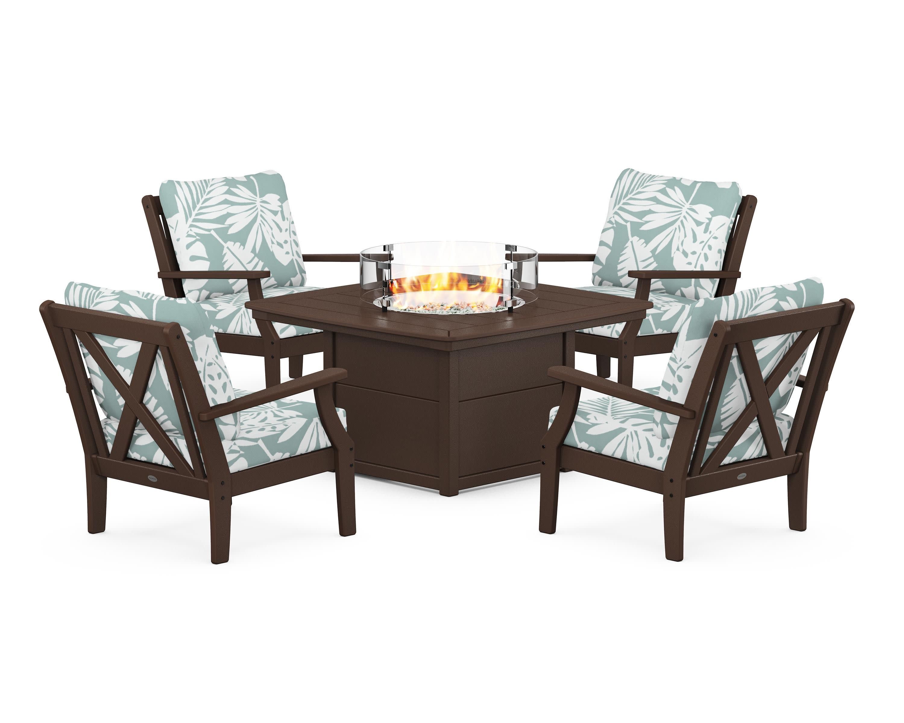 Braxton 5-Piece Deep Seating Conversation Set with Fire Pit Table in Mahogany / Leaf Glacier Spa