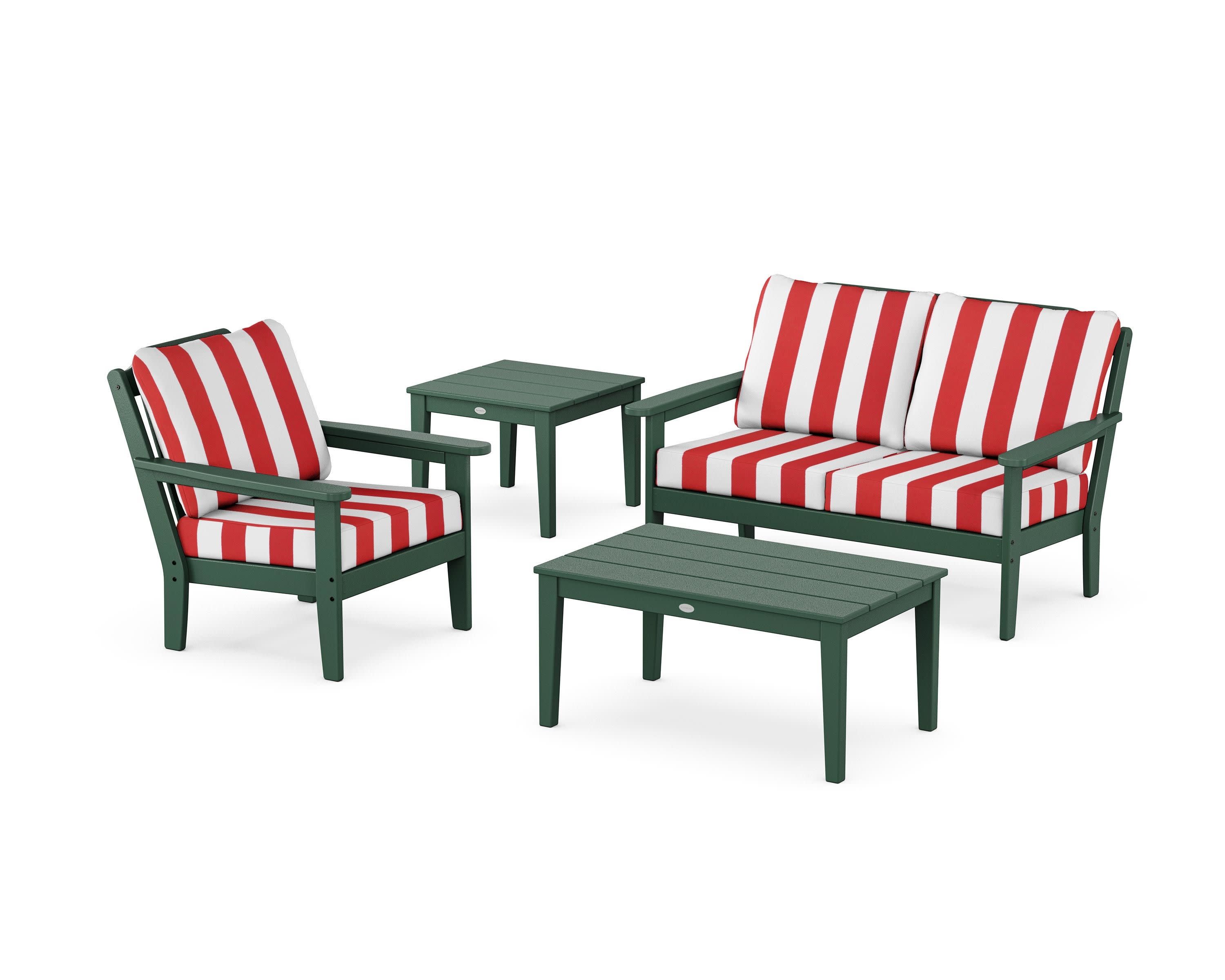 Wovendale 4-Piece Deep Seating Set in Green / Cabana Stripe Crimson