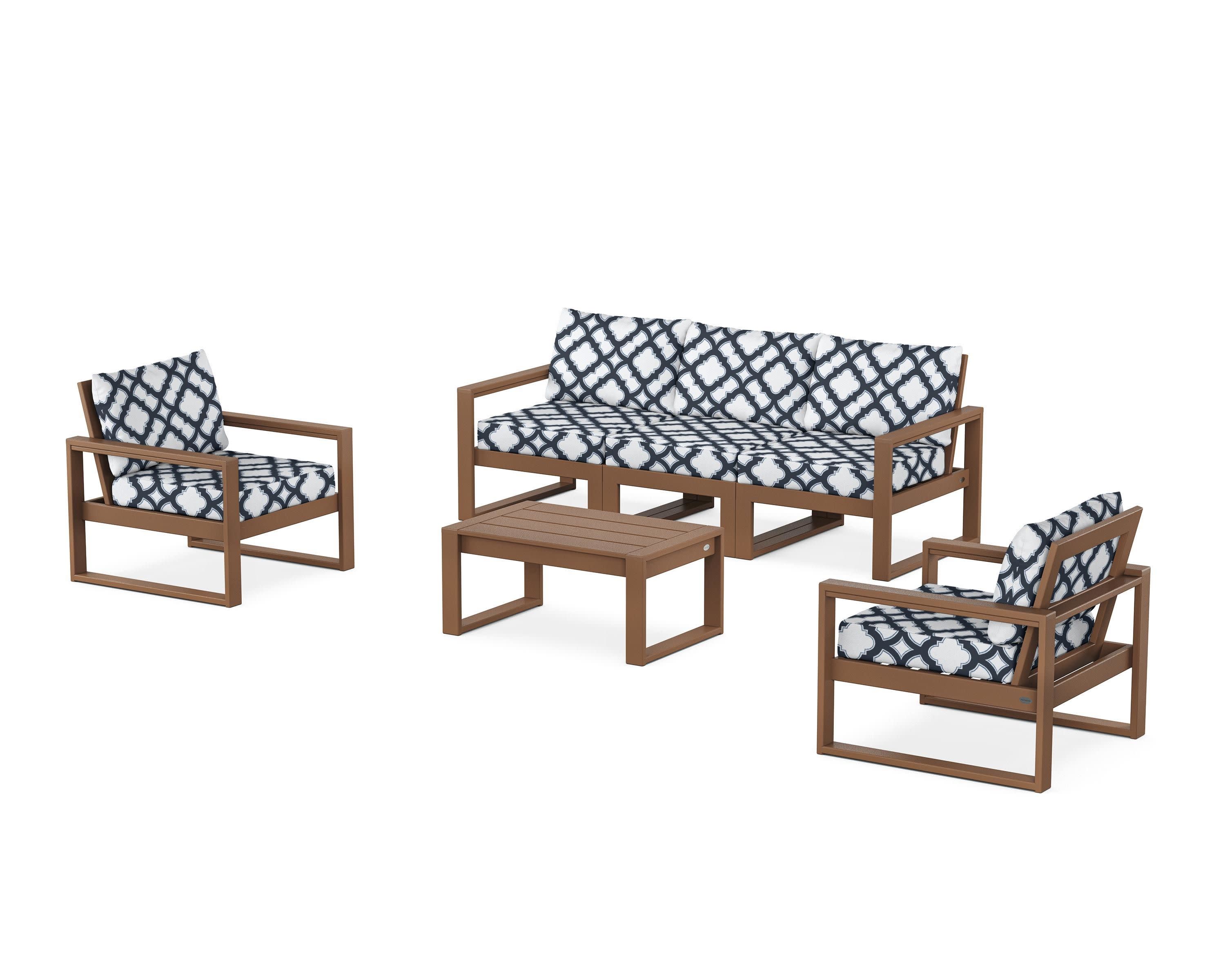 EDGE Sectional 4-Piece Deep Seating Set with Sofa in Teak / Trellis Marine Indigo