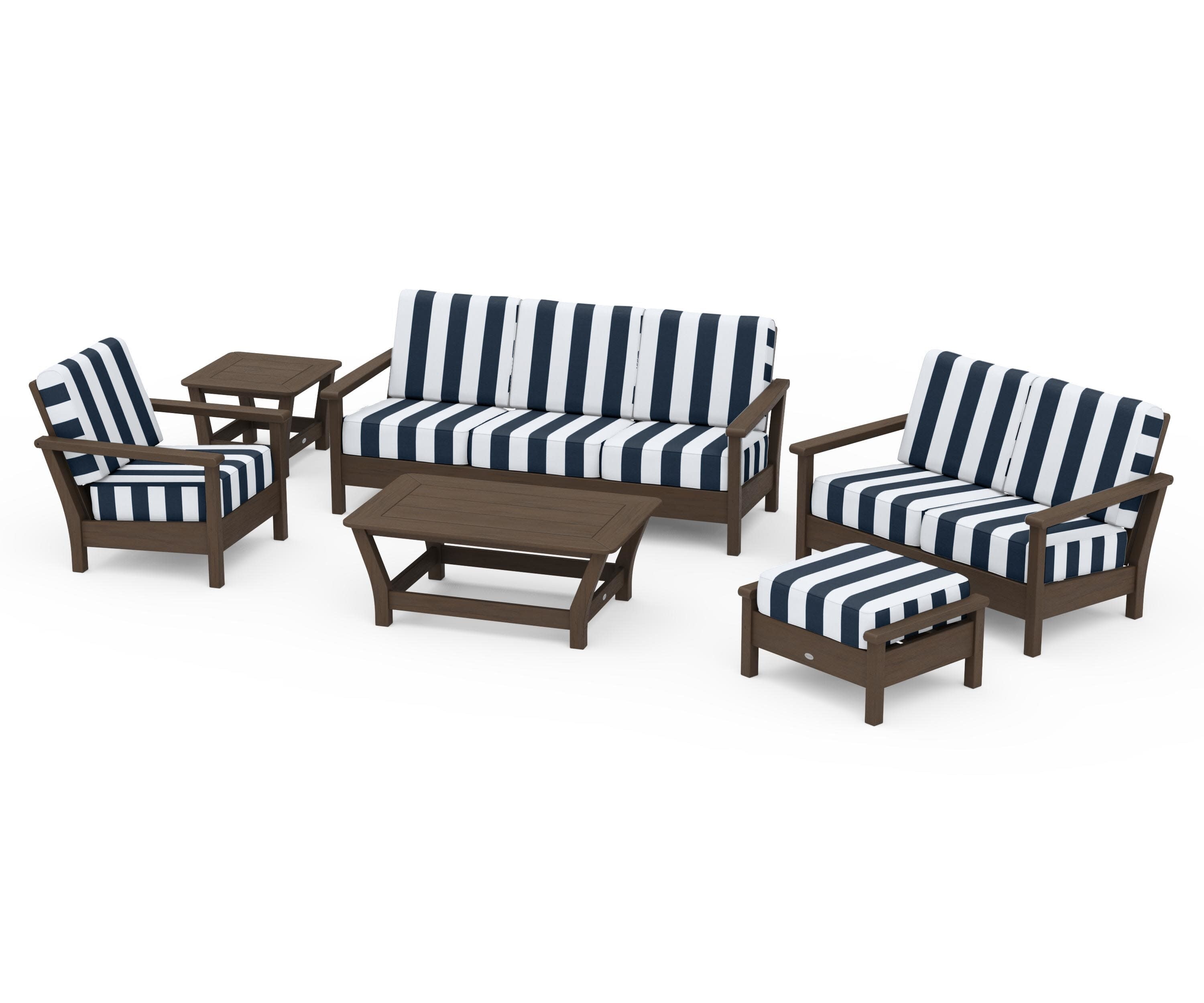 Harbour 6-Piece Outdoor Living Set in Kona / Cabana Stripe Marine Indigo