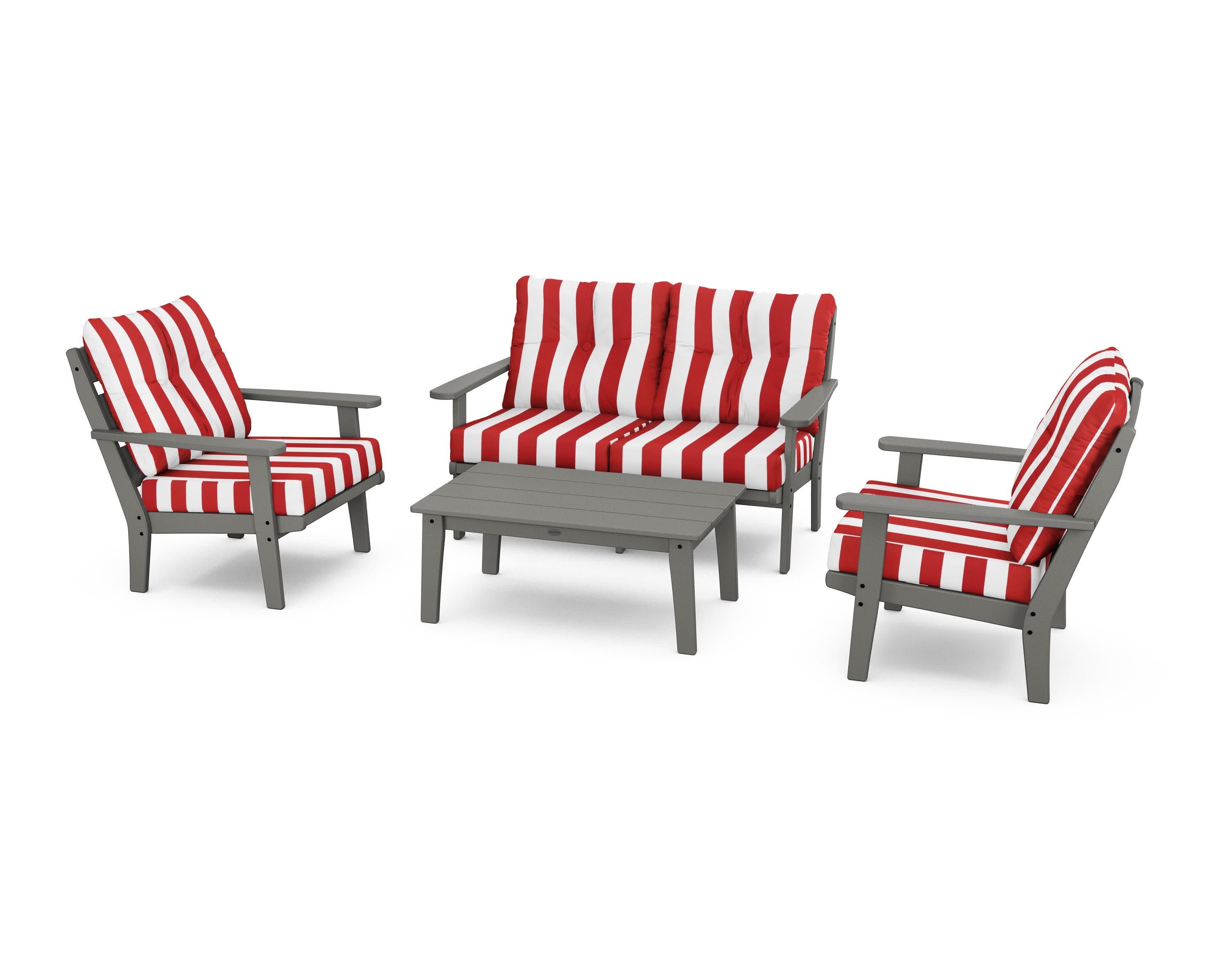 Lakeside 4-Piece Deep Seating Set in Slate Grey / Cabana Stripe Crimson