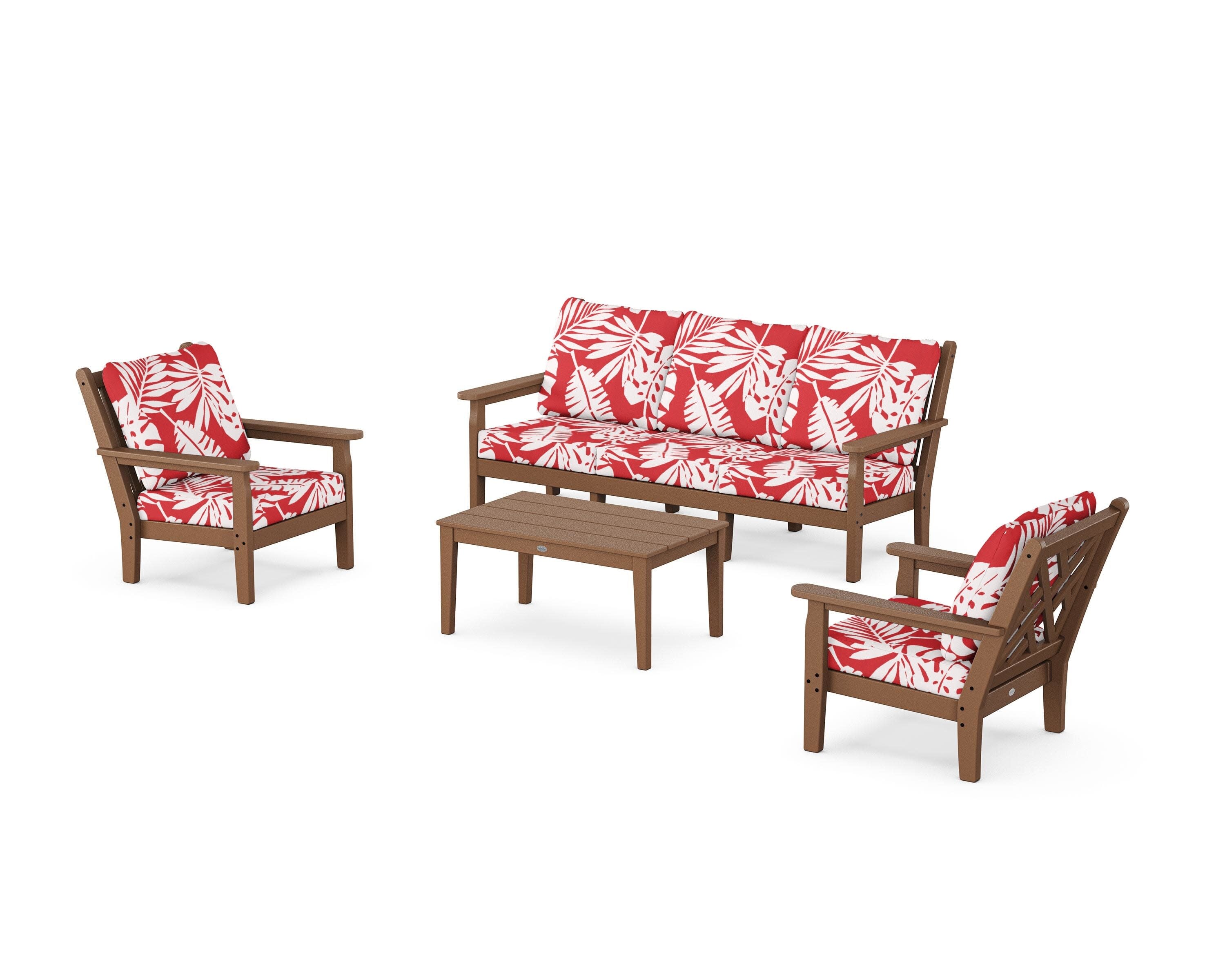 Chippendale 4-Piece Deep Seating Set with Sofa in Teak / Leaf Crimson