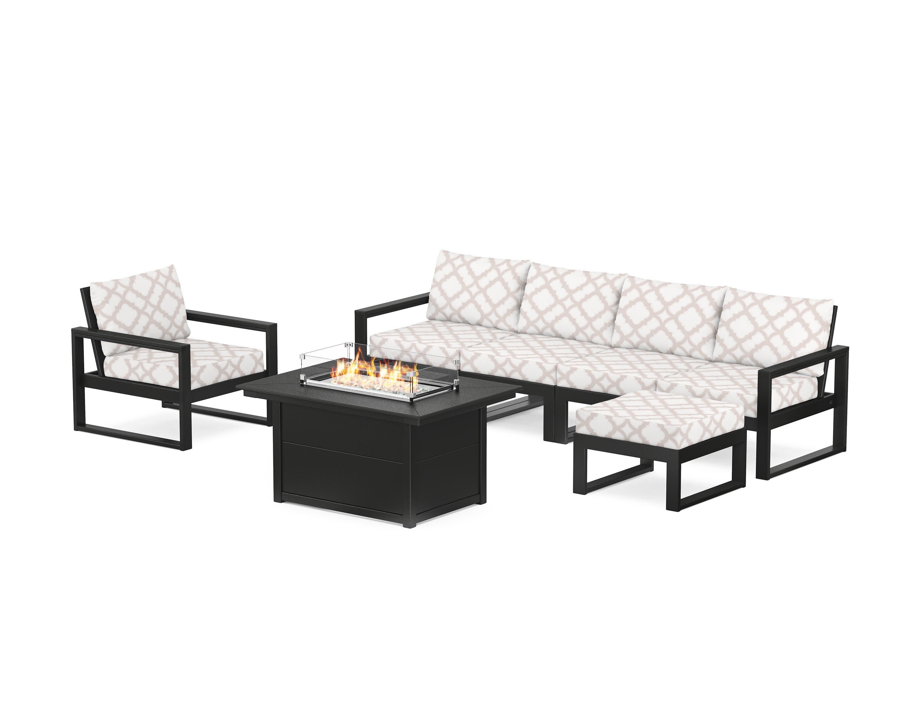 EDGE Sectional Lounge and Fire Pit Set in Black / Trellis Dune Burlap