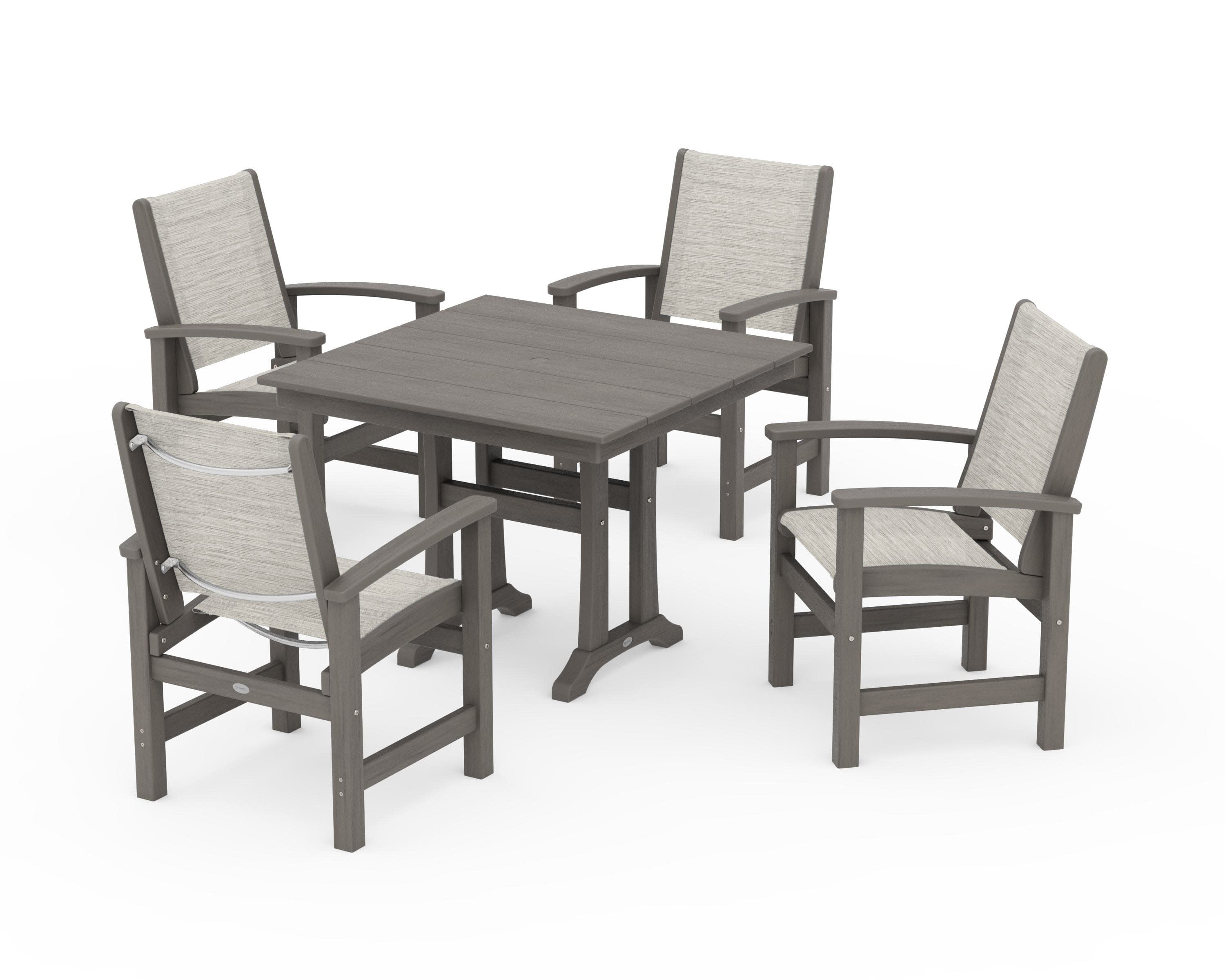 Coastal 5-Piece Farmhouse Dining Set With Trestle Legs in Driftwood / Birch Sling
