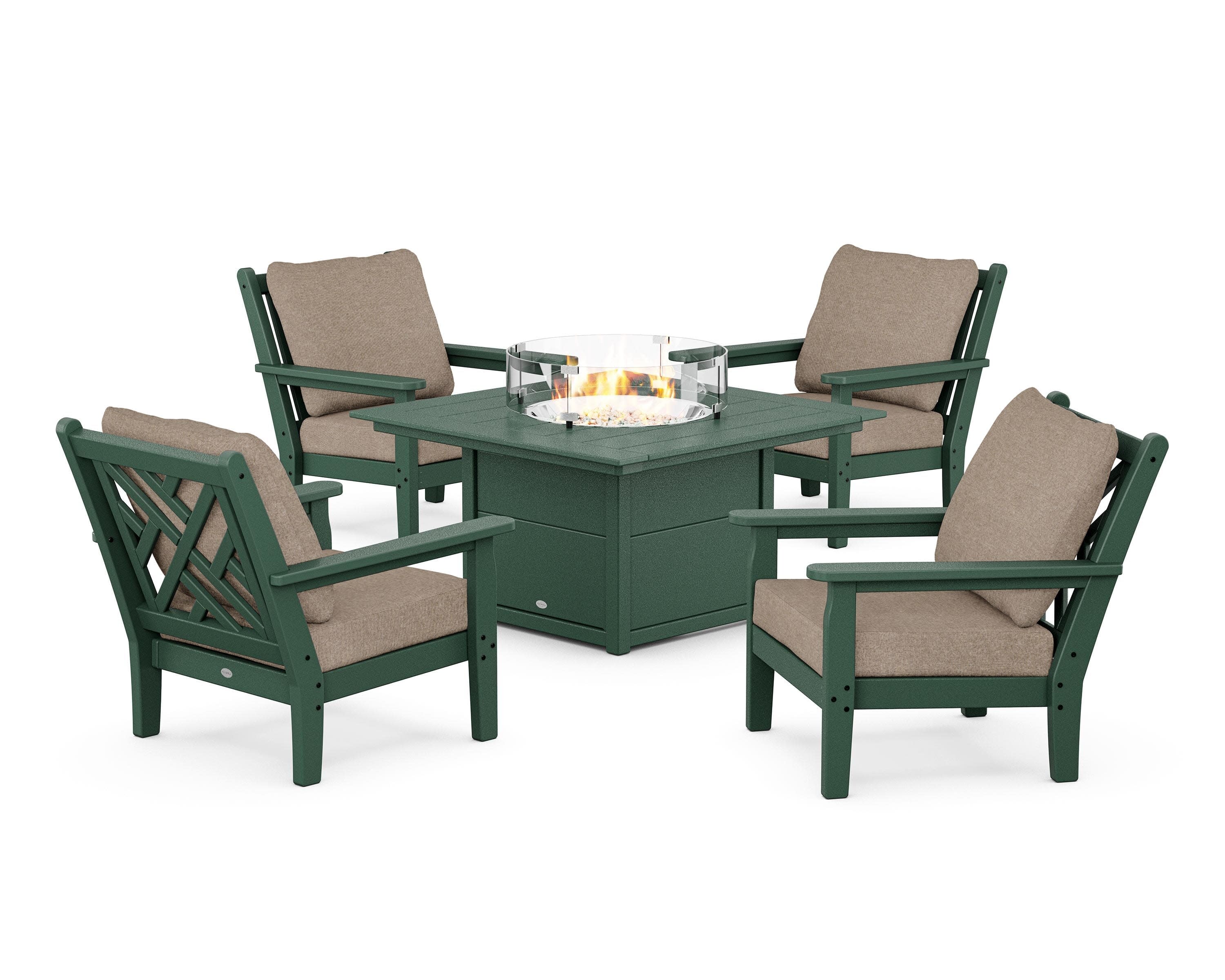 Chippendale 5-Piece Deep Seating Set with Fire Pit Table in Green / Spiced Burlap