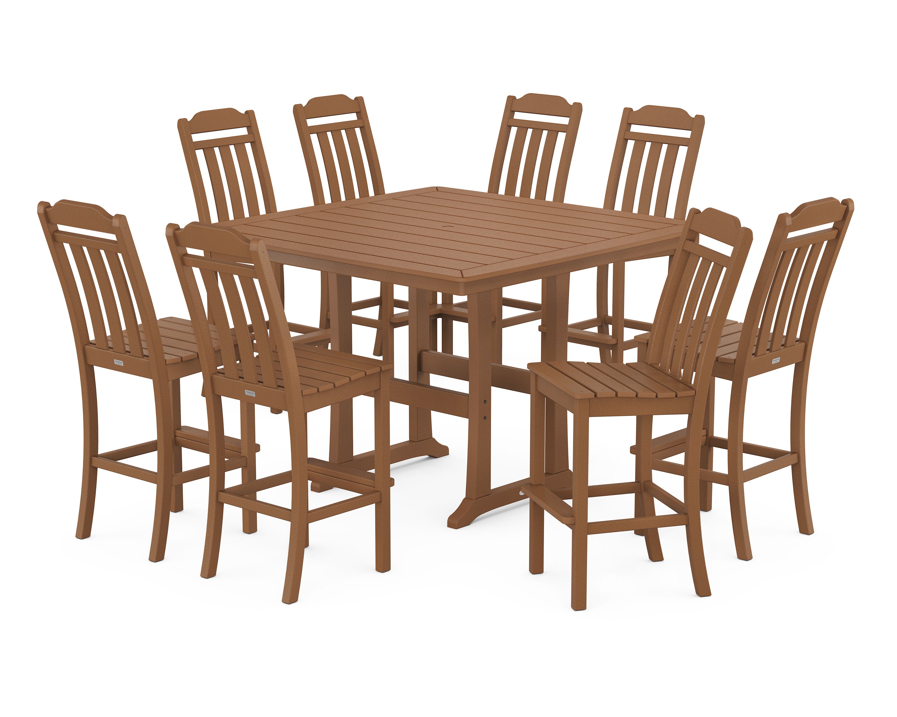 Cottage 9-Piece Square Side Chair Bar Set with Trestle Legs in Teak