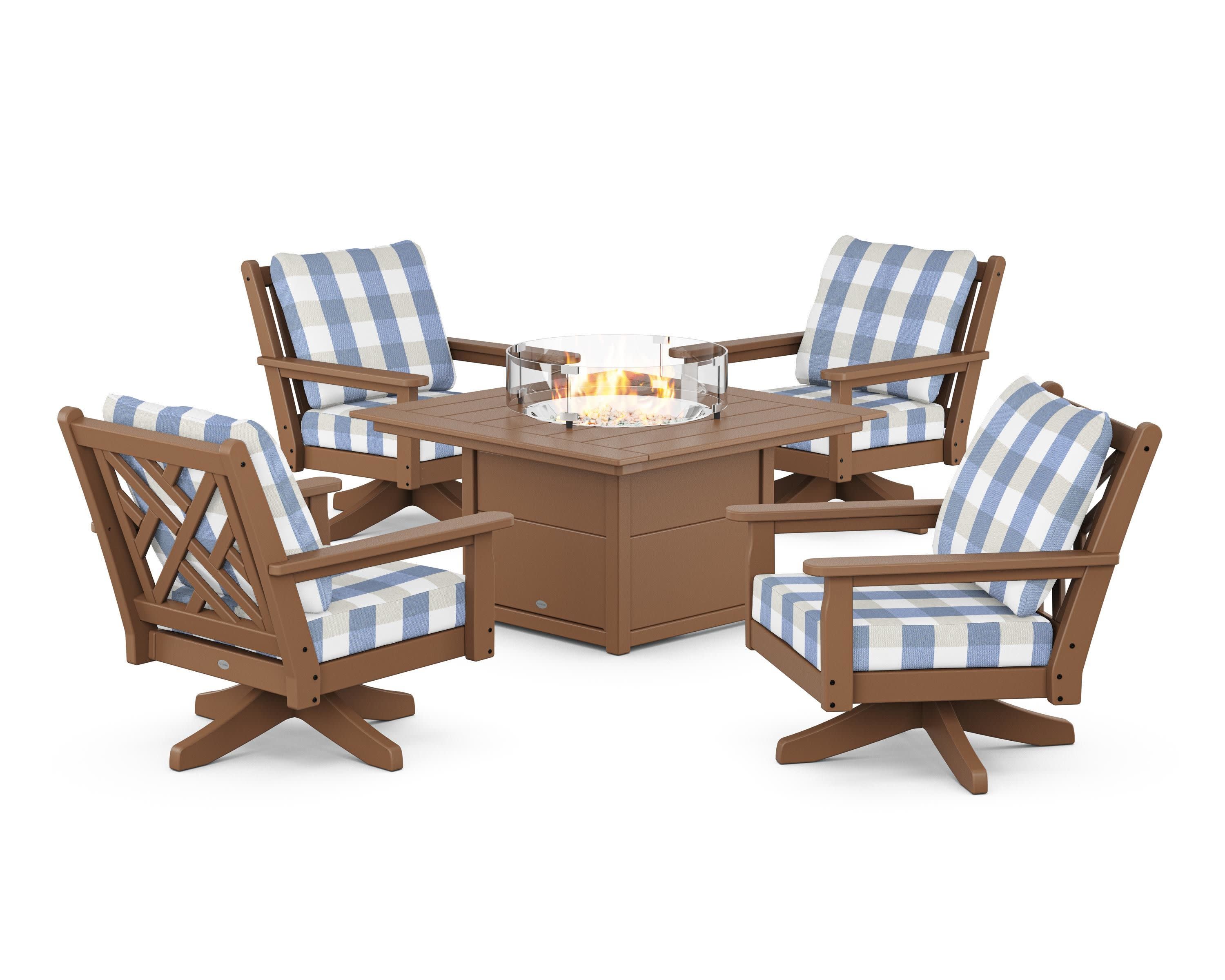 Chippendale 5-Piece Deep Seating Swivel Conversation Set with Fire Pit Table in Teak / Buffalo Plaid Sky Blue