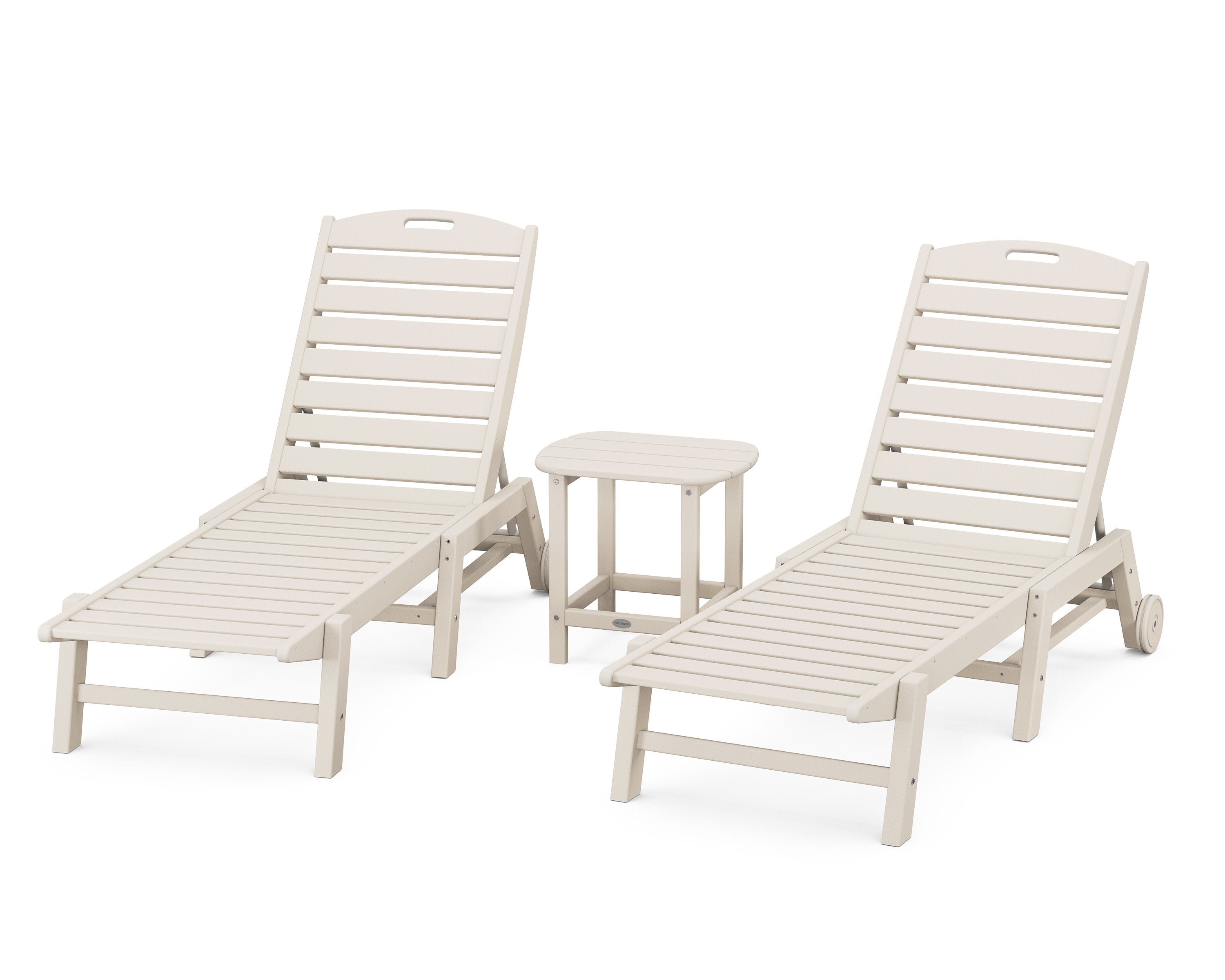 Nautical 3-Piece Chaise Lounge with Wheels Set with South Beach 18" Side Table in Sand