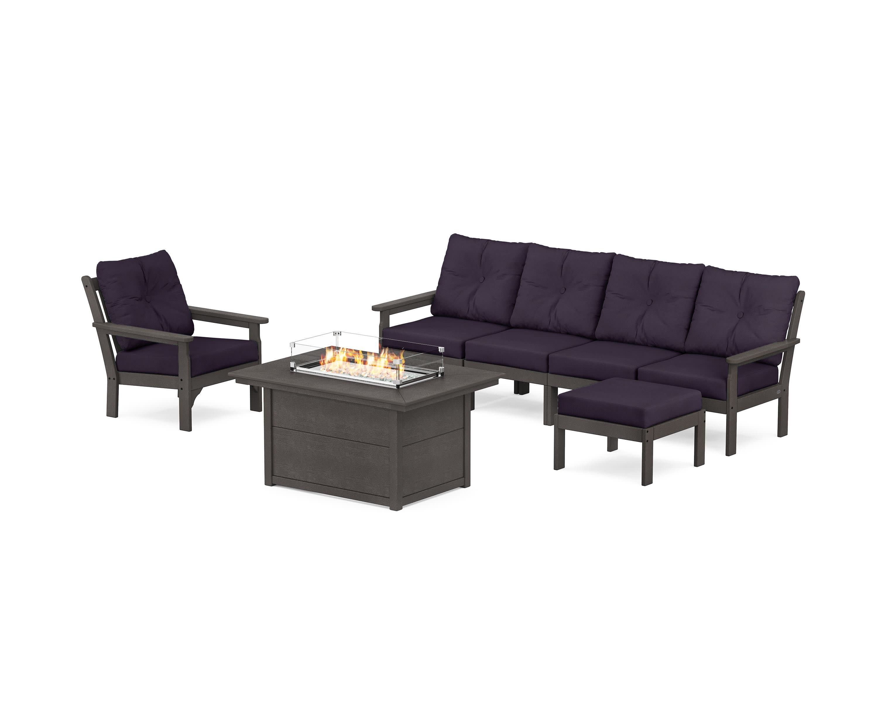 Vineyard Sectional Lounge and Fire Pit Set in Vintage Coffee / Navy Linen