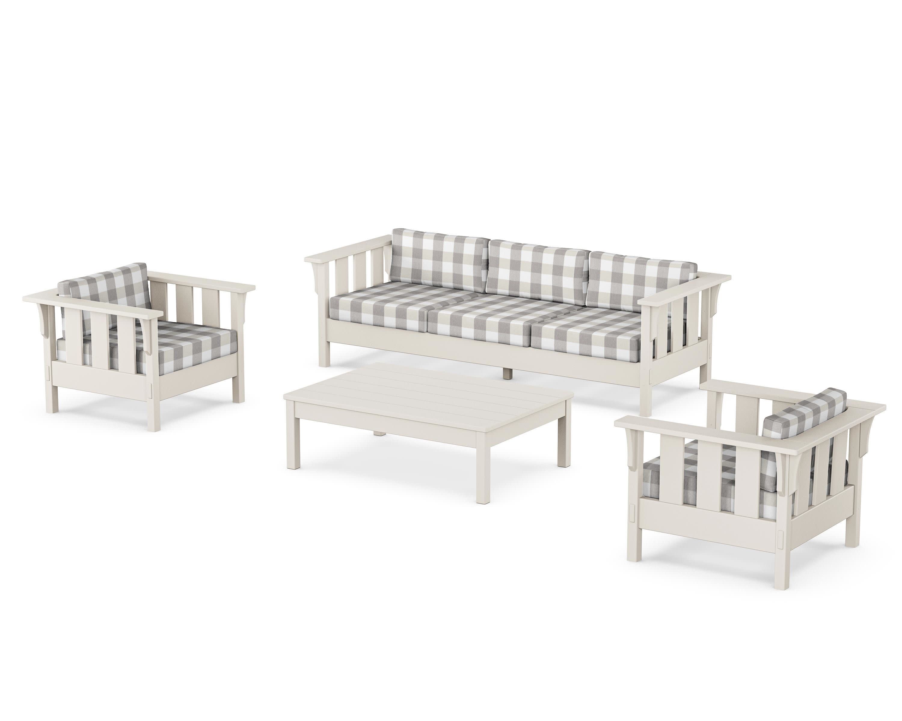 Acadia 4-Piece Deep Seating Set with Sofa in Sand / Buffalo Plaid Grey Mist